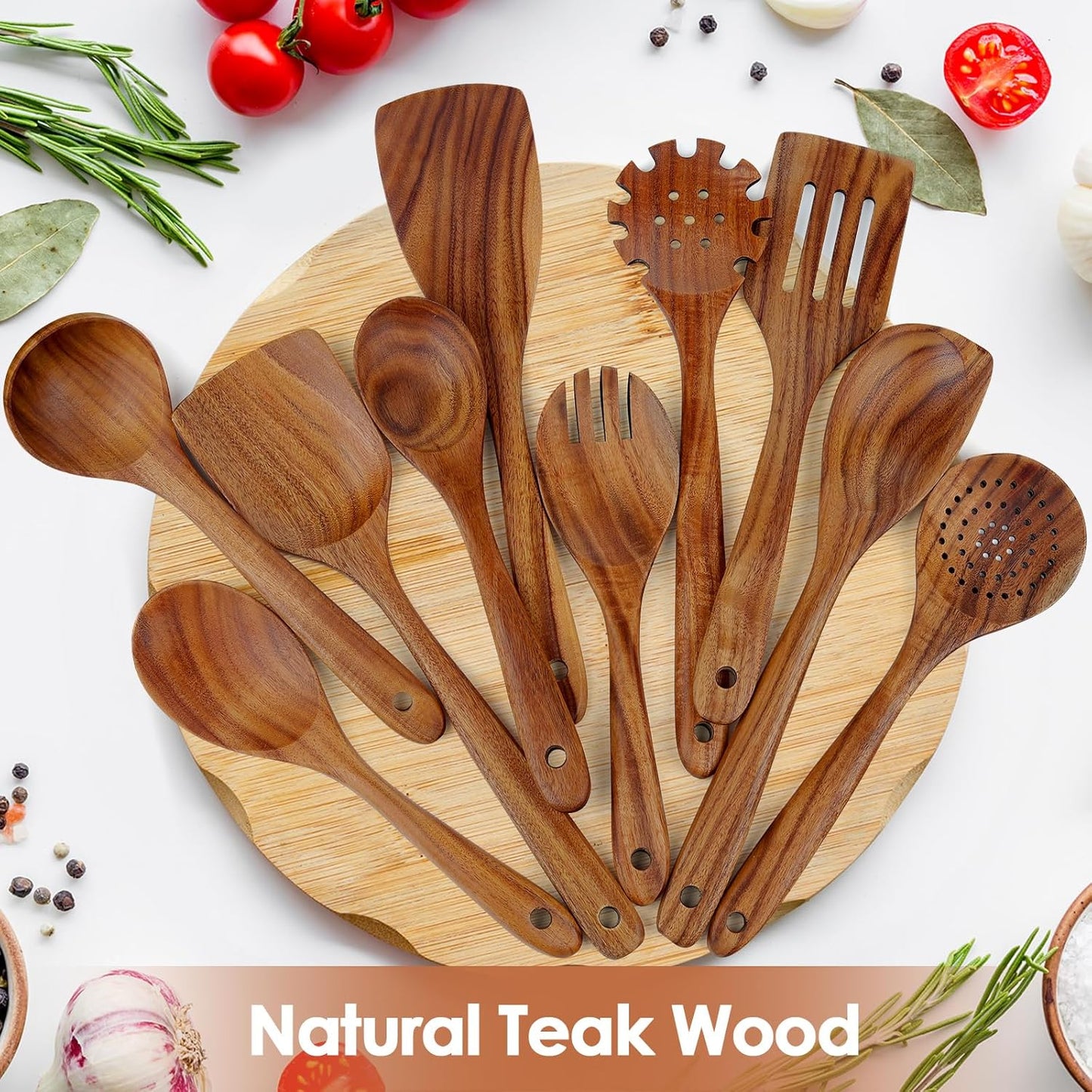 comfoyar Teak Wooden Spoons for Cooking, 10 Pieces Kitchen Cooking Utenails Set with Spatula and Ladle, Heat Resistant Kitchen Cookware for Nonstick Pan