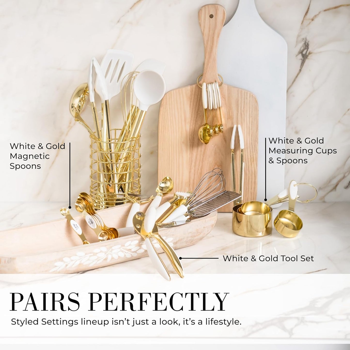 White Silicone and Gold Cooking Utensils Set with Gold Utensil Holder - 7-Piece Silicone Cooking Tools - Ideal for Nonstick Cookware and Stylish Modern Kitchens - Luxury Kitchen Accessories