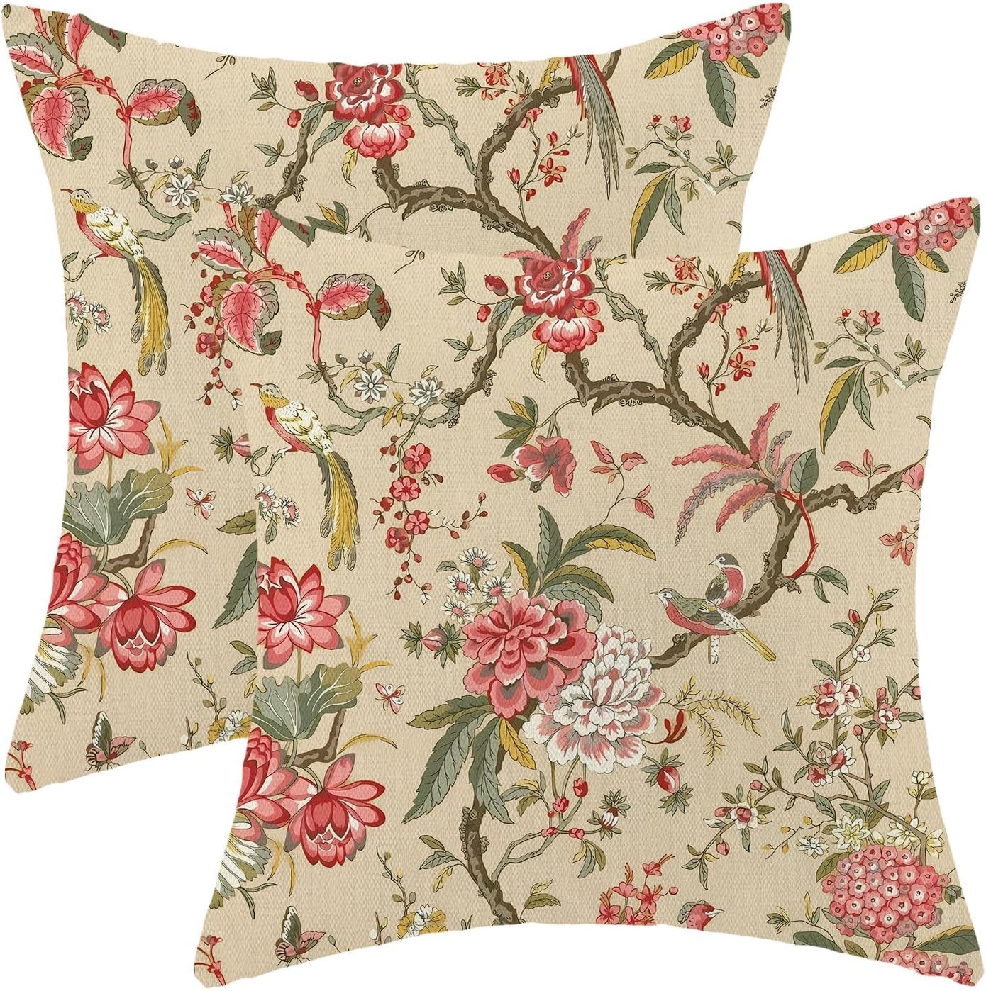 CXMEIFLY Spring Floral Birds Pillow Covers 16 x 16 Inch Set of 2 for Chinoiserie Flowers Decor Throw Pillows Pink Red Plant Outdoor Decorative Cushion Cases for Couch Bed Decorations