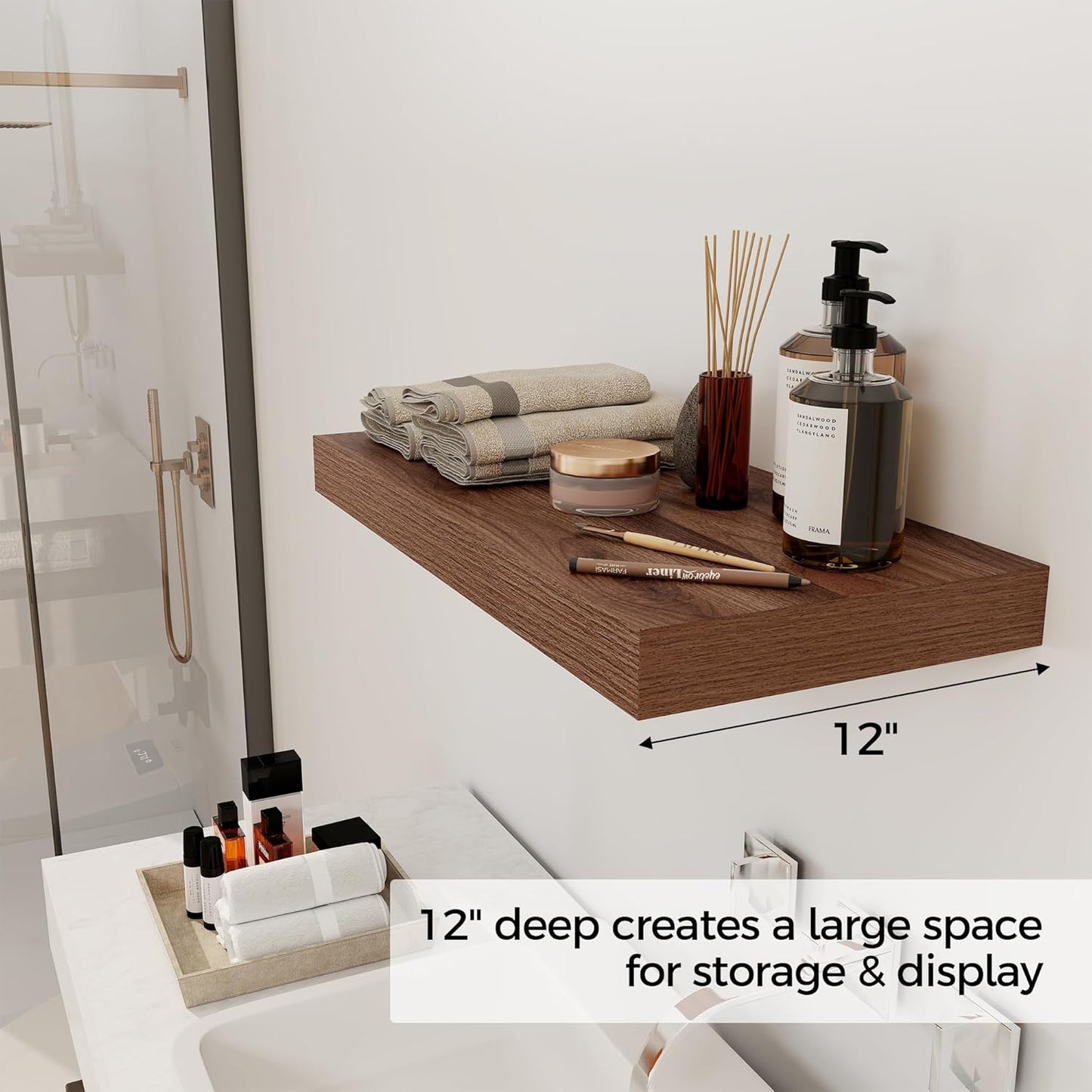 12 Inch Deep Floating Shelves, 24 x 12 Floating Shelf for Books, Rustic Wood Deep Wall Shelves for Home Storage & Display, 2" Thicked Shelves for Kitchen, Living Room, Bedroom, Walnut Color, 1 Pack