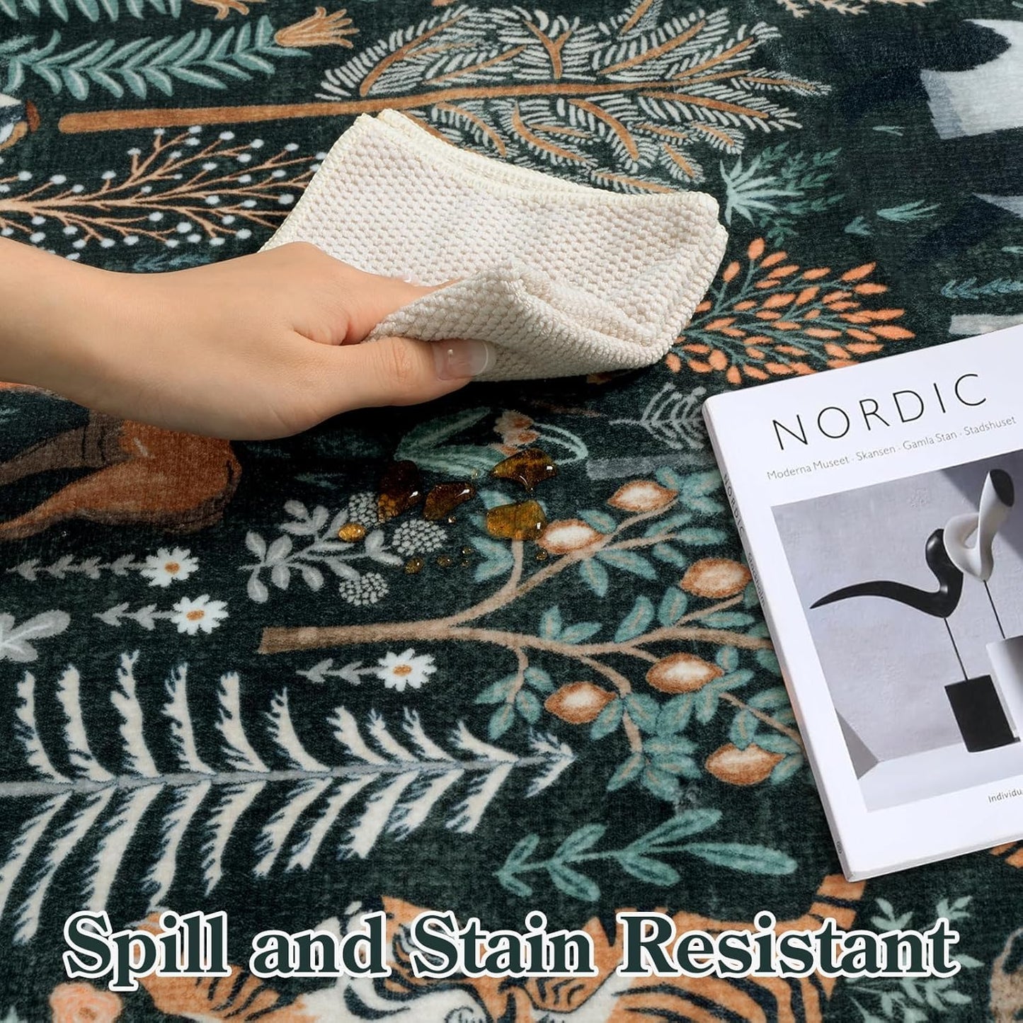 OJIA Jungle Print 9x12 Area Rugs for Living Room, Green Soft Bedroom Rug Washable Rugs 9x12, Modern Dining Room Rug Stain Resistant Ultra-Thin Floor Carpet for Playroom Kids Room Nursery