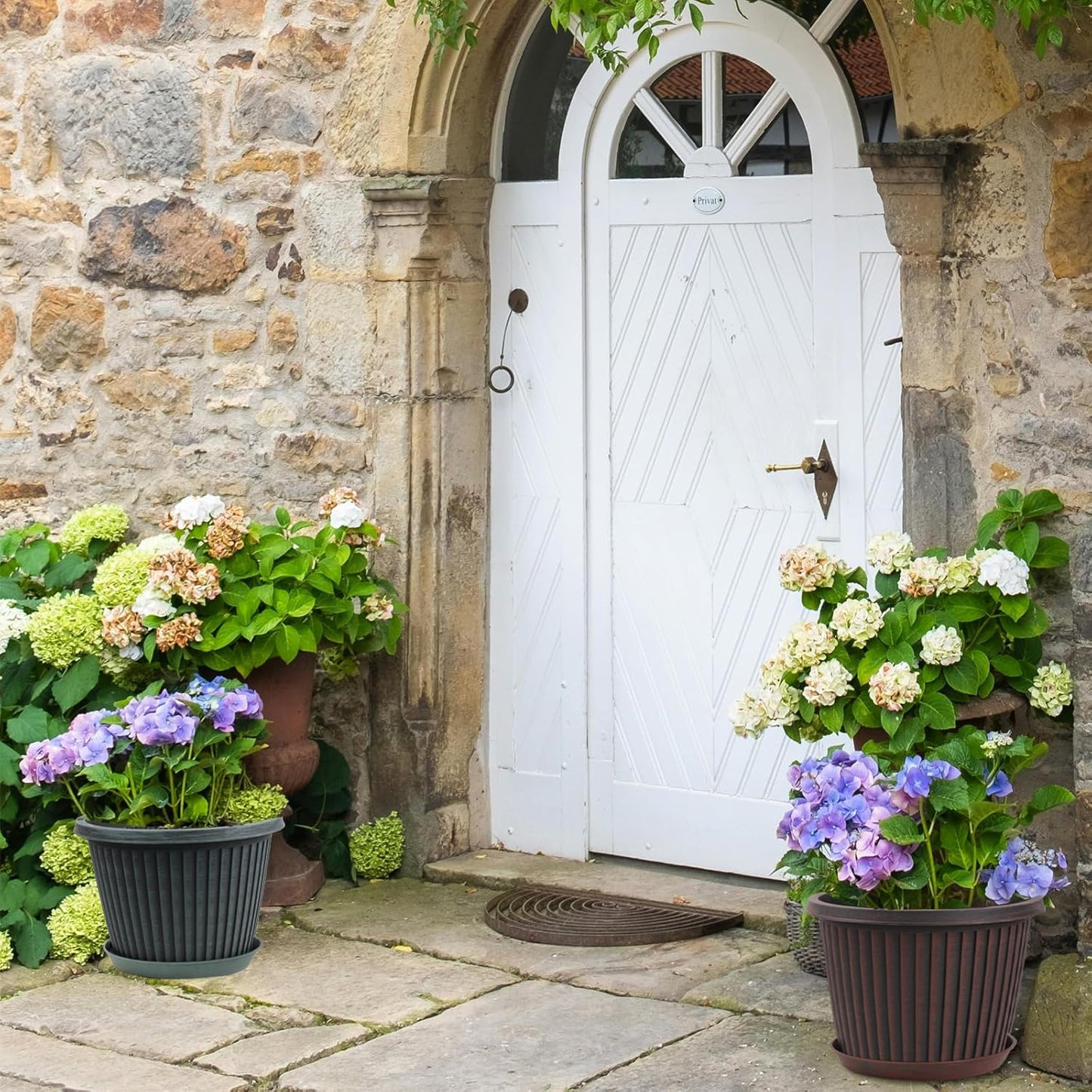 Large-Planter-Indoor-Outdoor Plant Pots, 12 inch 4 Pack Plastic Flower Pots with Saucer And Drainage Holes, Modern Garden Planters For Planting Medium Large Plants， Decorative Resin Garden Pots