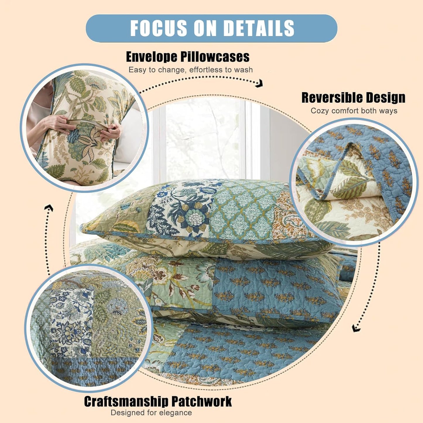 NEWLAKE Quilt Set California King Size, 100% Cotton Patchwork Green Bohemian Quilt Sets, Reversible Bedspread Lightweight and Breathable for All Seasons, Soft Quilted Bedspread with 2 Pillow Shams