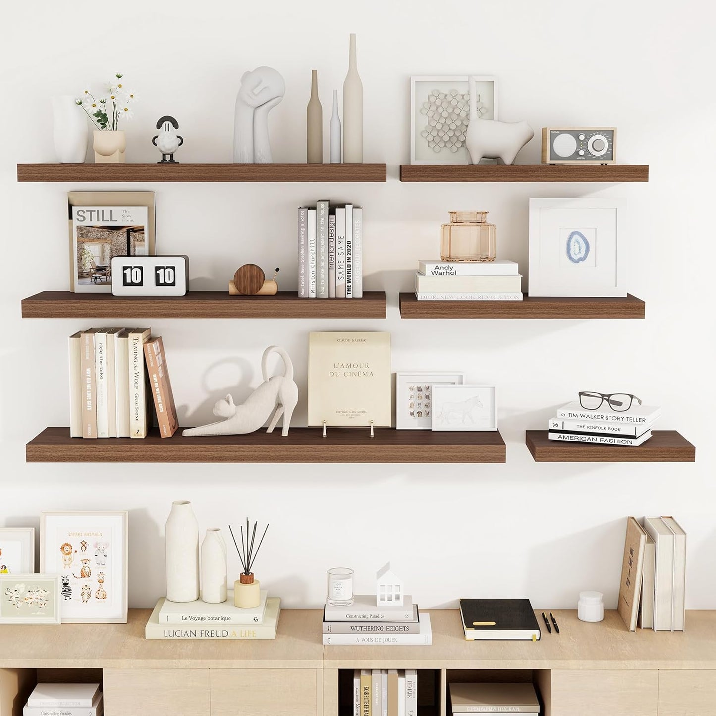 24 Inch Floating Shelves, 24"x9.25"x1.5" Inch Deep Floating Shelves for Wall, Wooden Shelves for Bathroom, Bedroom, Living Room, Walnut