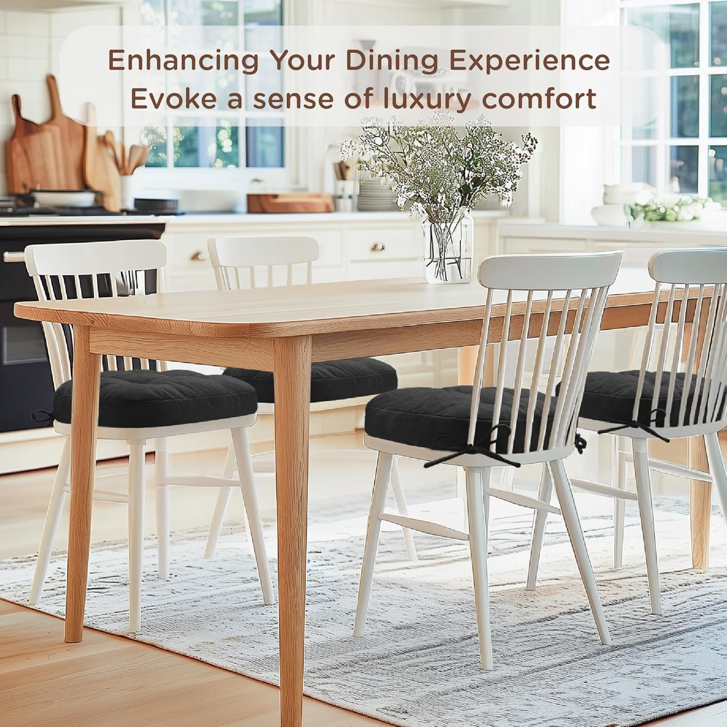 Codi Dining Chair Cushions 4 Pack, Thick Chairs Pads for Indoor Kitchen Room - Washable, Non-Slip Memory Foam Seat Cushion with Ties, 16.5"x16.5"x 3.5", Set of 4, Black