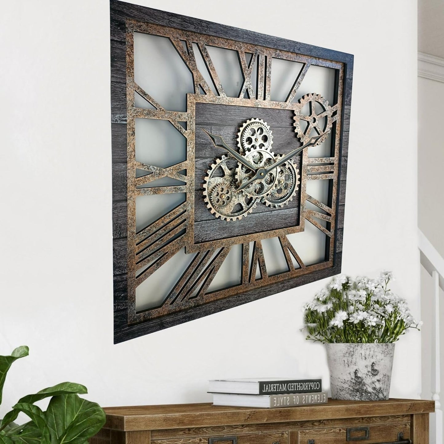 The Gears Clock 24'' Inch Square Real Moving Gear Wall Clock Vintage Industrial Oversized Rustic Farmhouse (Carbon Grey)