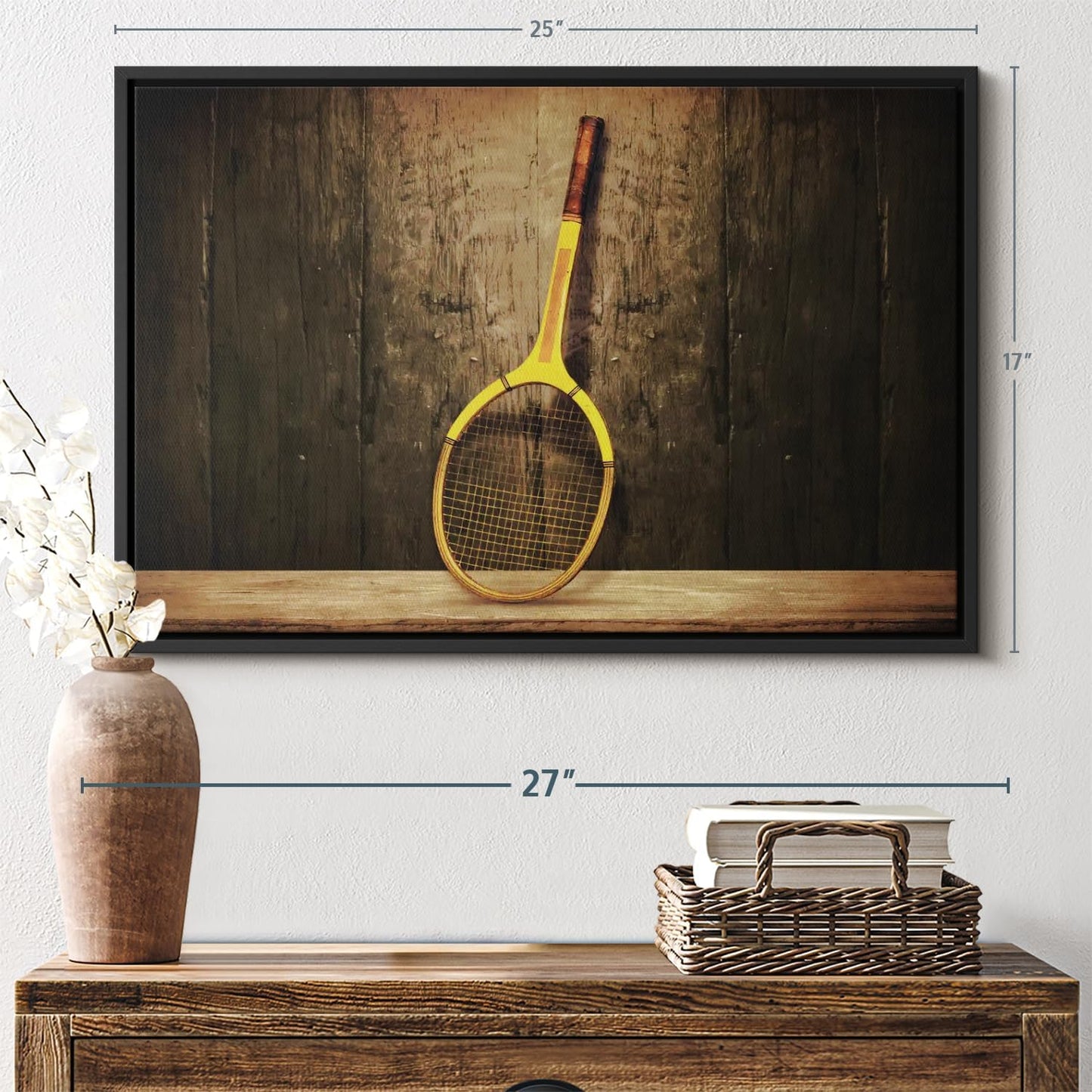 ElephantStock Vintage Tennis Racket Wall Art - Horizontal Framed Canvas - 1-Piece Living Room Wall Decor - Photography Sports Canvas Print - Brown and Black Decor for Wall - 25" X 17"