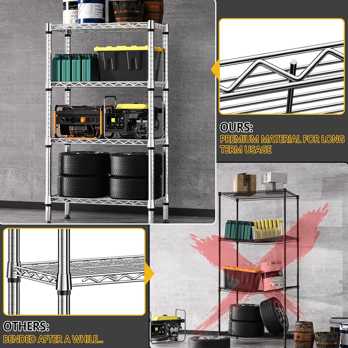 1000 lbs 4 Tier Shelf Metal Storage Shelves Wire Rack Closet Organizers for Garage Kitchen Bathroom Laundry Chrome 11.8" D x 25.6" W x 45.5" H