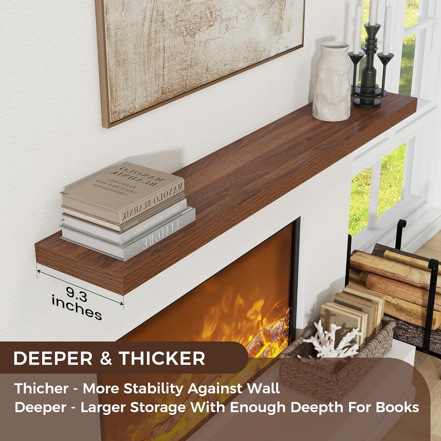 Floating Shelves for Wall, Large Wall Mounted Shelves with Invisible Brackets, Long Wood Floating Shelf for Living Room, Bedroom, Kitchen, (Walnut, 55" W x 9" D x 1.5" H)