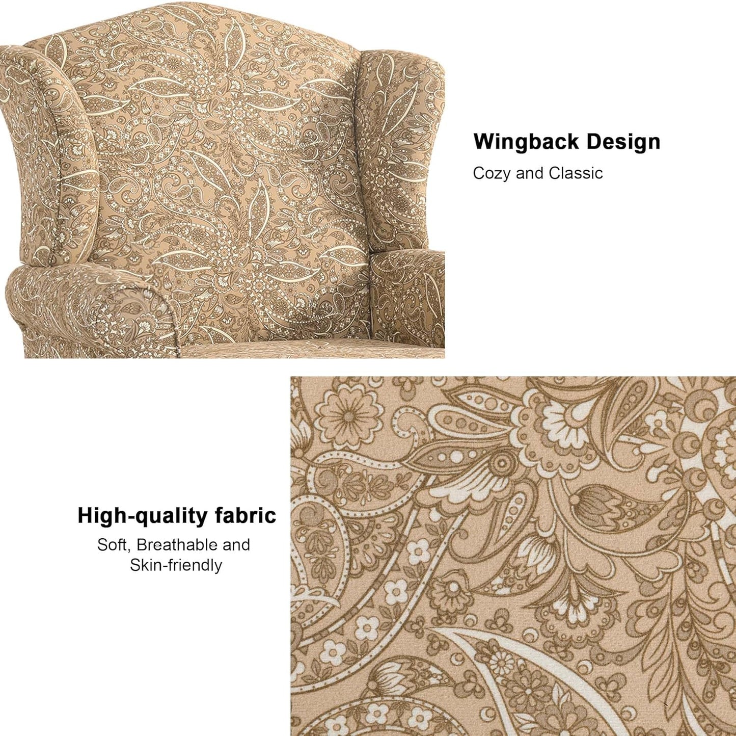 Accent Chair, High Back Upholstered Armchair with High Resilience Sponge & Wood Legs, Mid-Century Modern Comfy Single Sofa Reading Chairs for Living Room, Bedroom (Floral Light Brown, Set of 1)