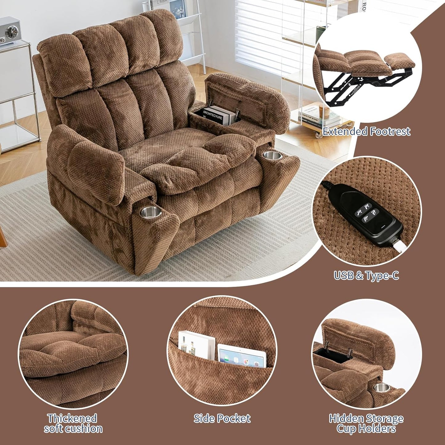 Oversized Power Lift Recliner Chair with Adjustable Headrest for Elderly,Dual Motor Lay Flat Recliner Chair with USB Port,Type C,Big and Tall Recliner with Massage and Heat,Cup Holders,Storebox,Brown