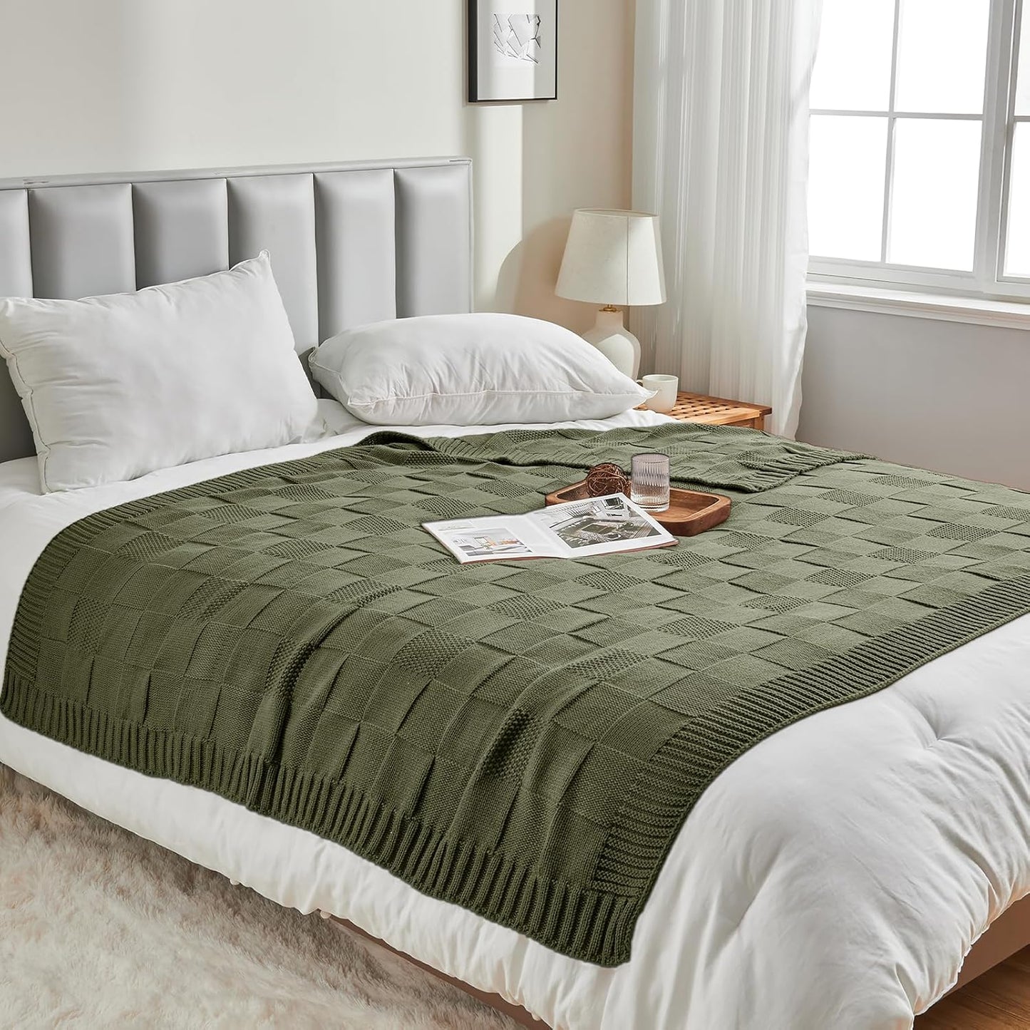 CozeCube Check Knit Throw Blanket, Olive Green Checkered Throw for Couch, Decorative Christmas Soft Cozy Warm Knitted Blanket for Bed Sofa Living Room, 60"X80"