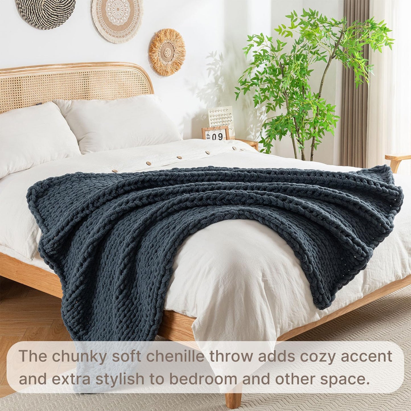 Chunky Knit Blanket Throw, 100% Hand Knit Throw Blanket Handmade Chenille Cable Knit Throw for Couch, Stylish Cozy Soft Rope Knot Crochet Blanket for Home Decor, Blue Mirage, 50x60 Inches