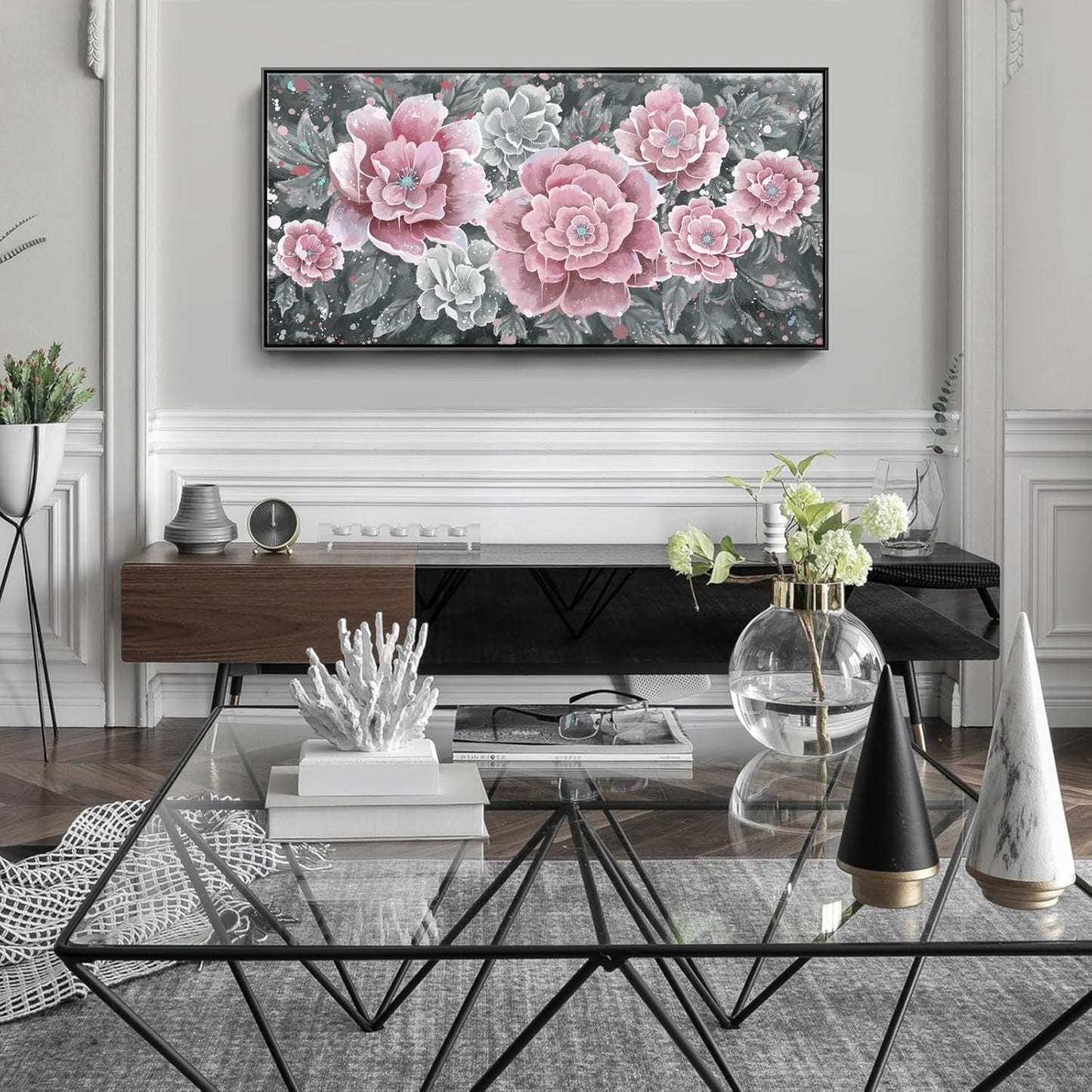 Large Pink Wall Art for Living Room- Pink and Black Peony Floral Canvas Wall Art Modern Framed Moody Black and White Wall Picture Flower Artwork Decor for Bedroom Dining Room Office 48x24