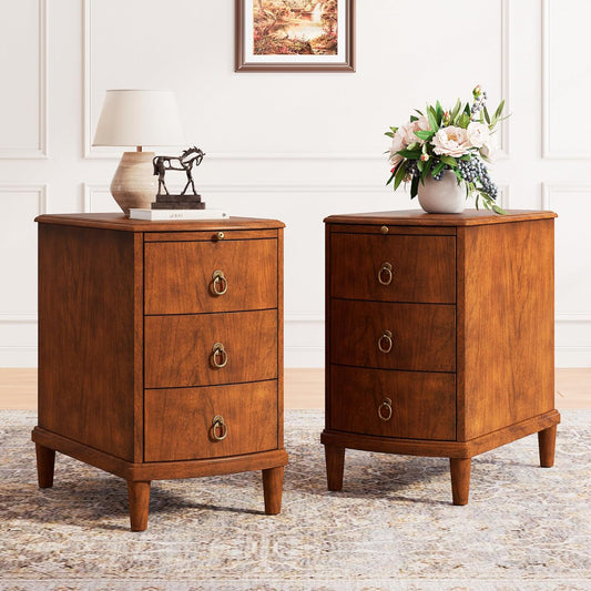 Set of 2 Solid Wood End Table with 3 Drawers, Fully Assembled Nightstand with Sliding Shelf, Pre-Assembled Vintage Wooden Beside Tables In Cherry Brown for Small Space,13.4*22.4*22.6in