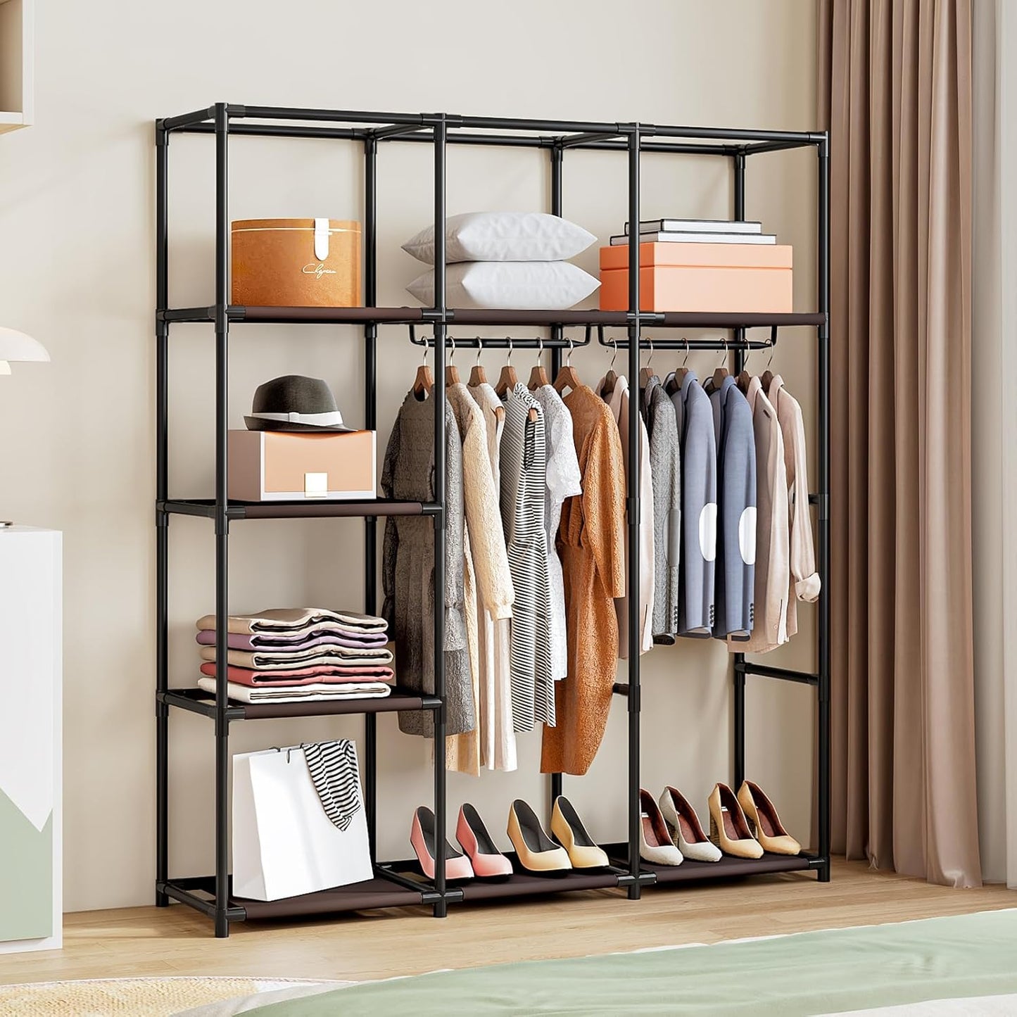 SORCEDAS Portable Wardrobe Closet Storage Organizer Metal Hanging Rack Non-Woven Fabric (Coffee, 51 Inch)