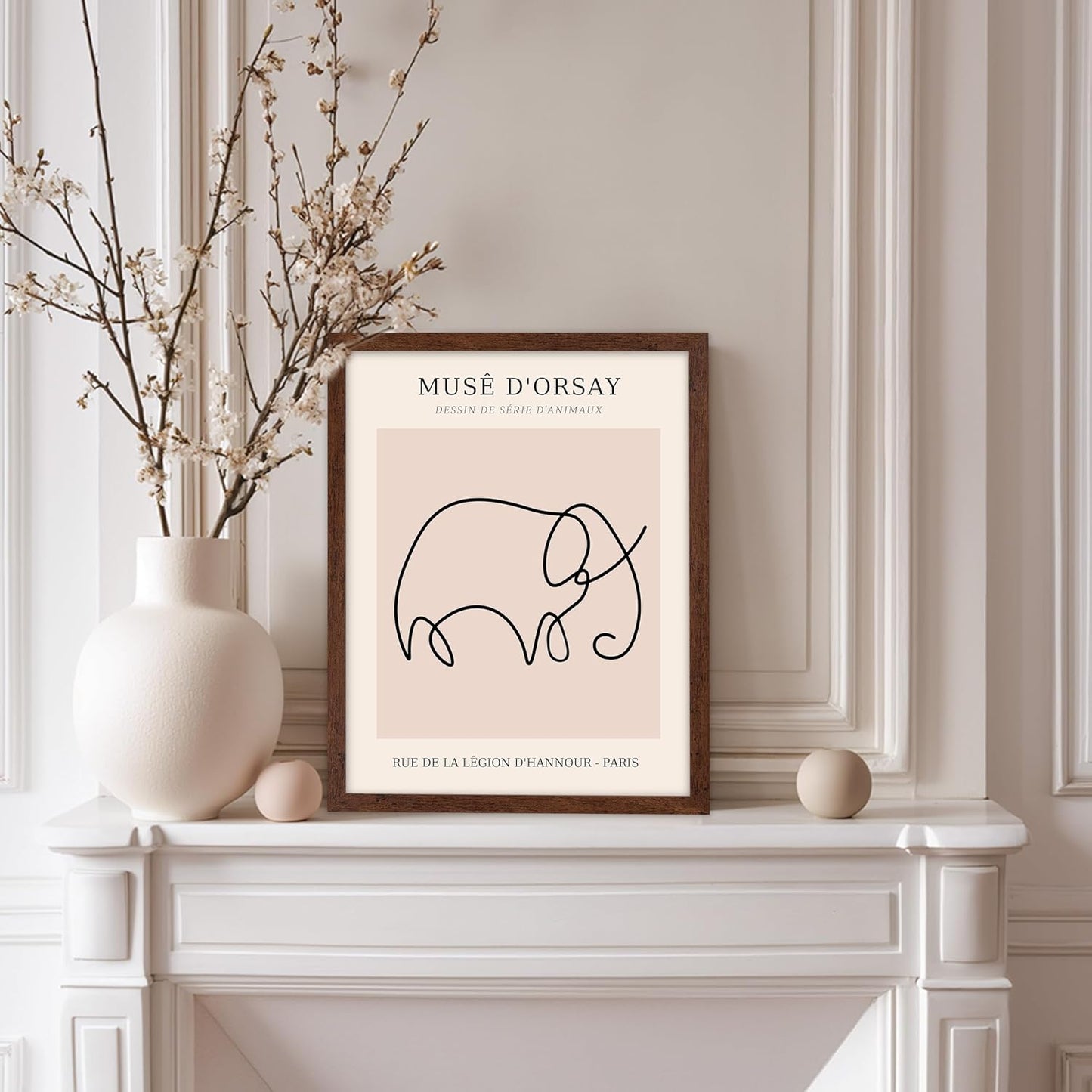 Poster Master Vintage Poster - Retro One Line Elephant Drawing Print - Elephant Art - Minimal Gift for Men, Women, Animal Lover - Abstract Wall Decor for Home, Office, 11x14 Brown Framed