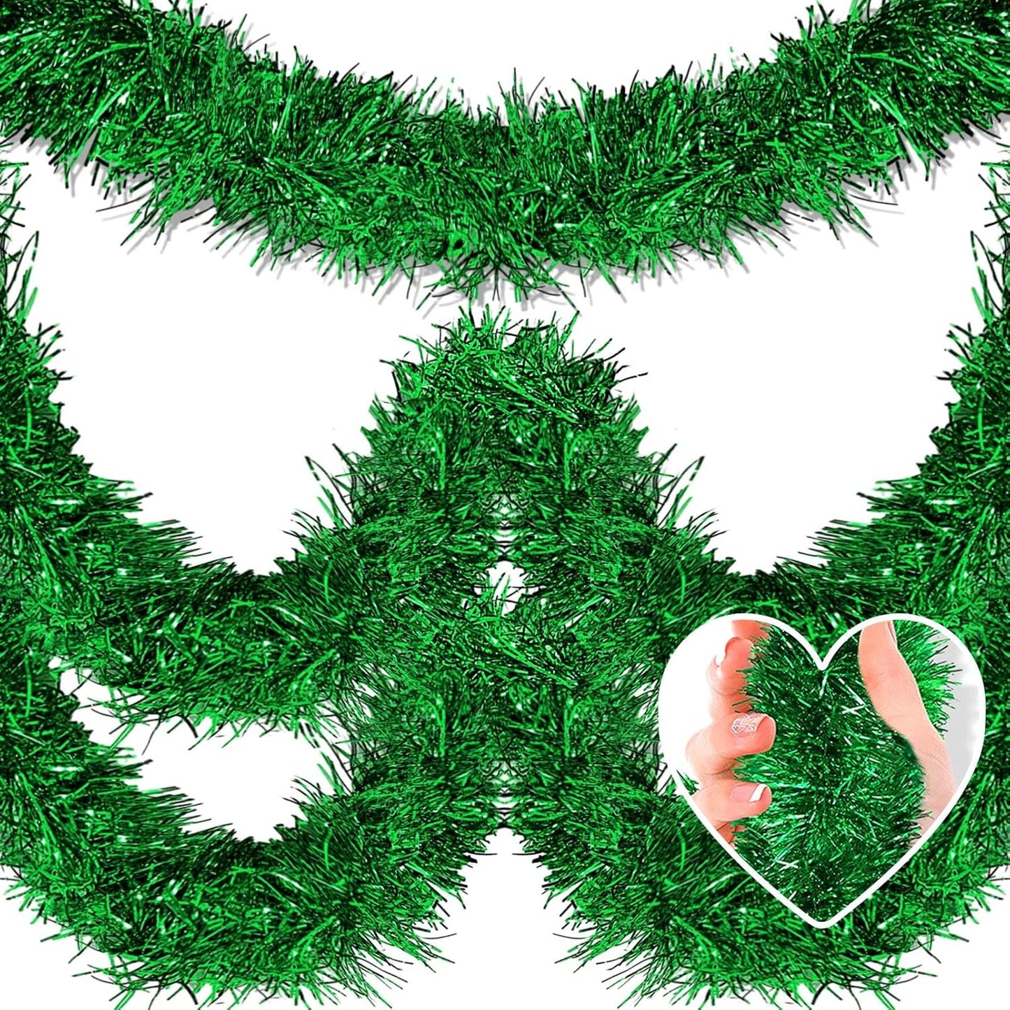 50 Feet Metallic Twist Tinsel Garland Backdrop for Parade Floats, Christmas Eve, New Year, Valentine's Day Party Decorations (Green, 2in x 50ft)