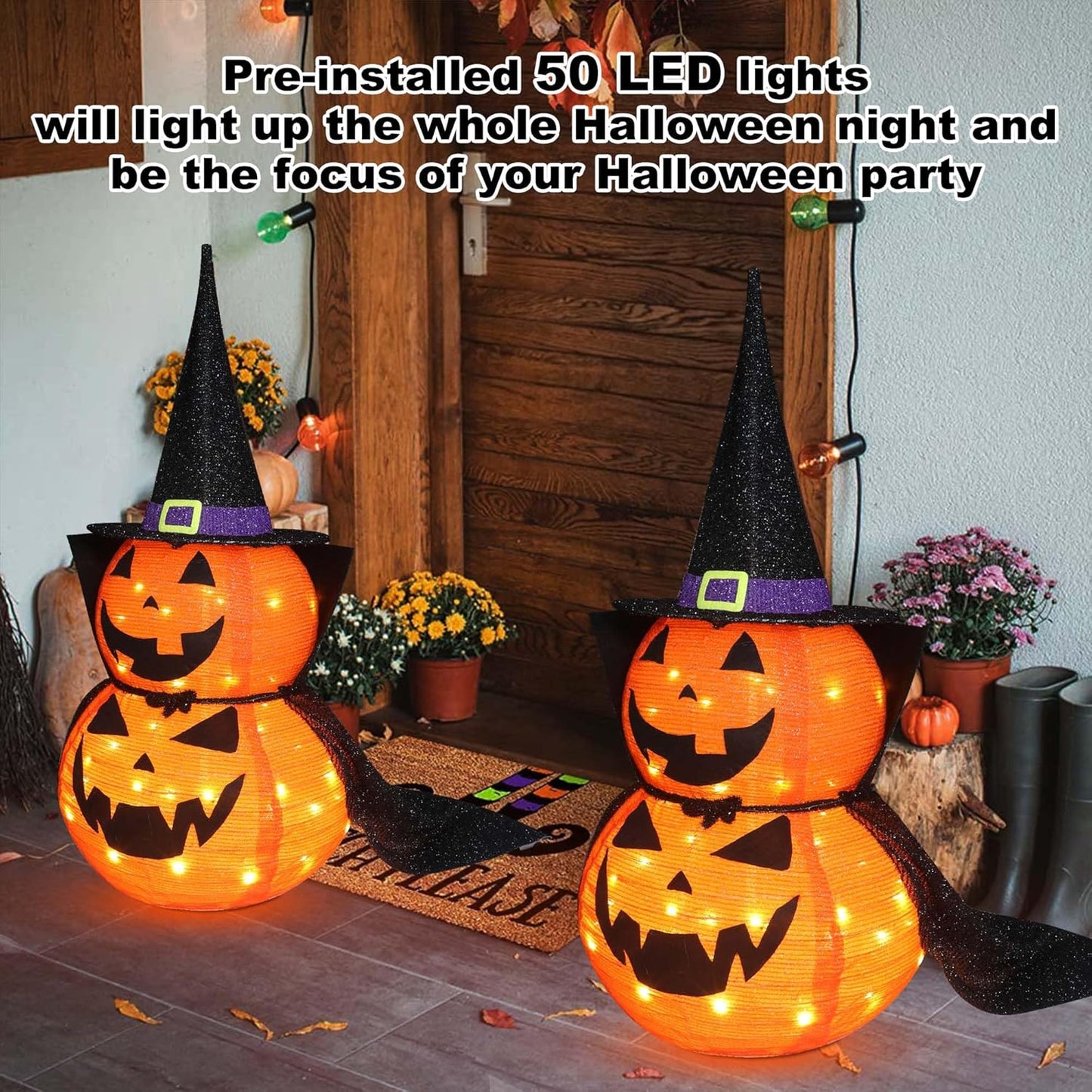 3FT Halloween Collapsible Pumpkin Decoration, 50 LED Pop-Up Pumpkin Lamp with Star Cap, Plug in Halloween Jack-O-Lantern with Metal Stand for Indoor Outdoor Garden Patio Party Decor