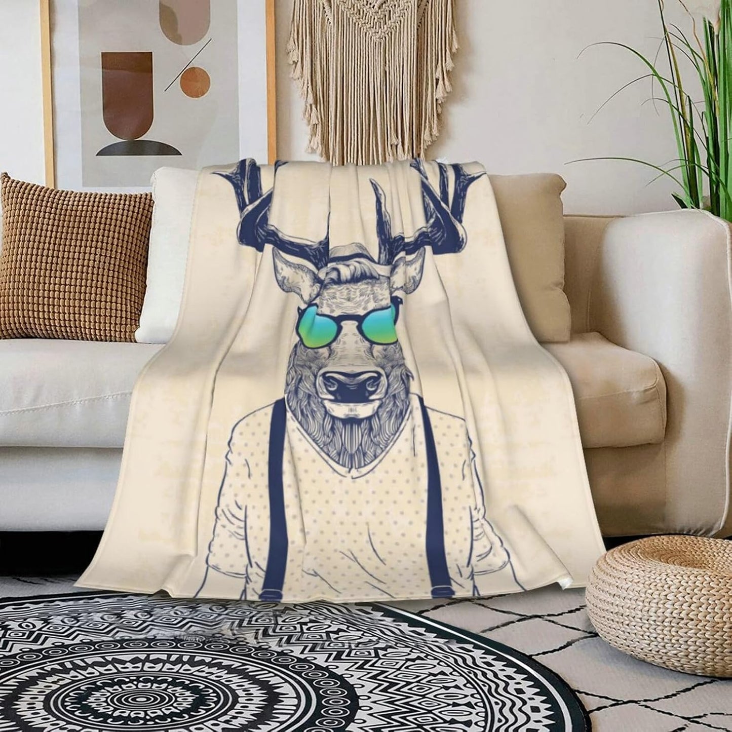 HGOD DESIGNS Deer Throw Blanket Deer Dressed up Like Cool Hipster Blanket Super Soft Flannel Throw Blanket Lightweight Plush Fuzzy Bed Blanket for Bedding Sofa and Travel 40"X50"