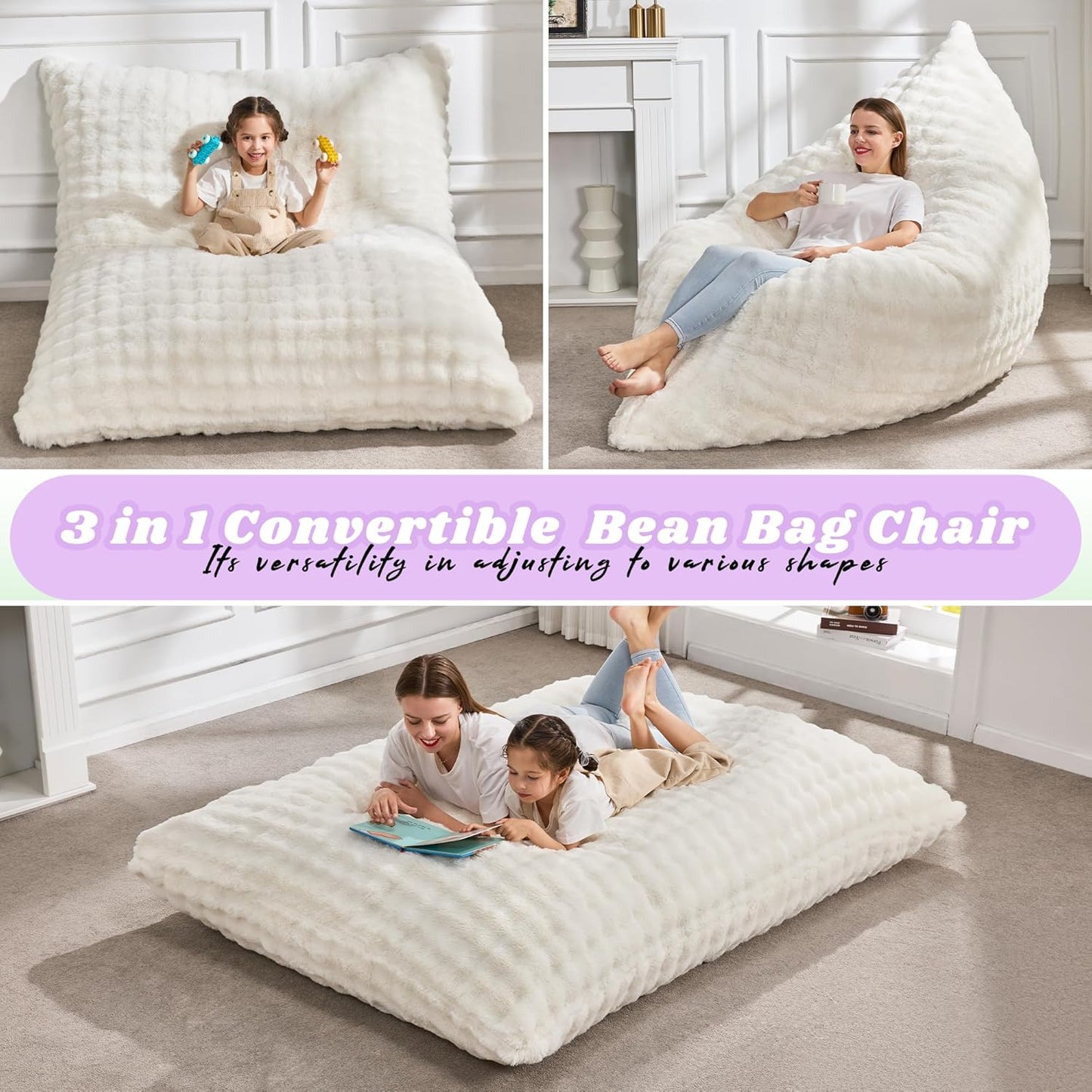 Hobestluk 3 in 1 Bean Bag Chair Giant Bean Bag Chairs for Adults with Bubble Cover Convertible Bean Bag Floor Cushion with Machine Washable Cover for Living Room (Bubble White)