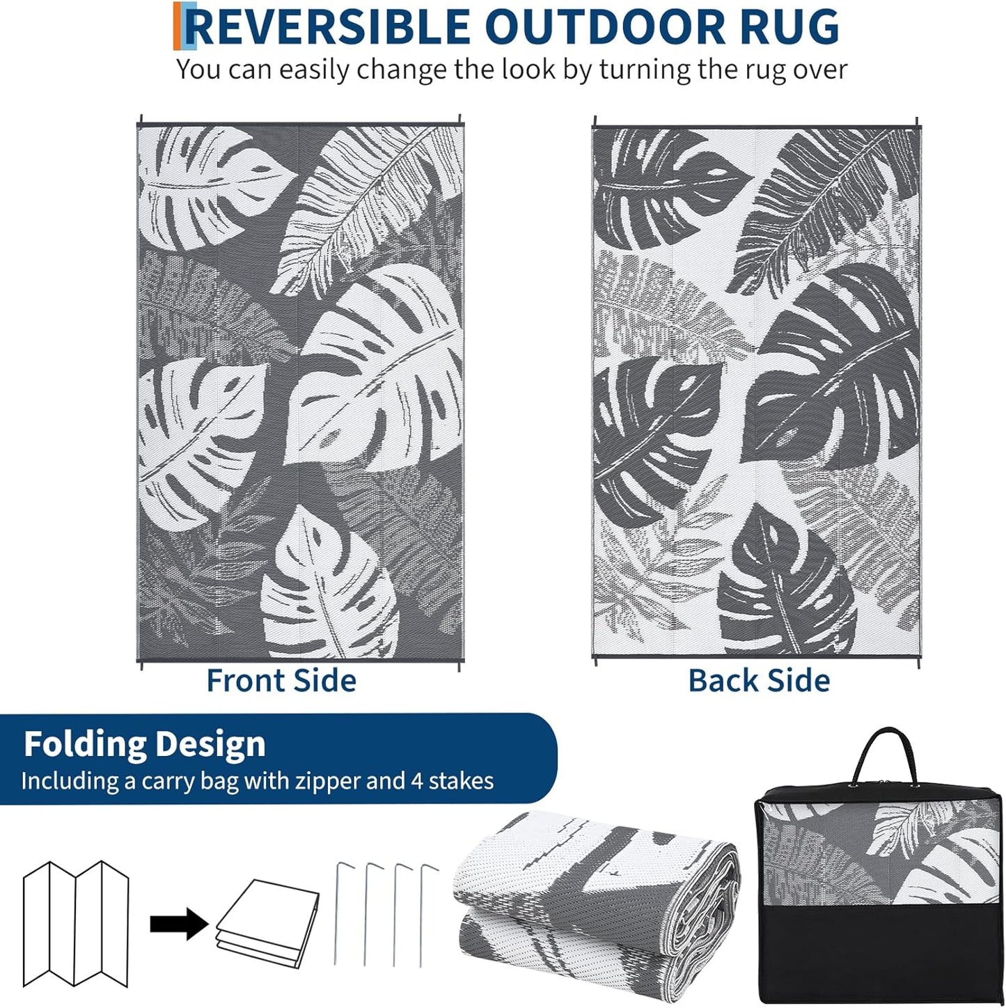 GAOMON Waterproof Outdoor Rug 8x10 Reversible Outdoor Plastic Straw Rug Modern Patio Carpet, Foldable Lightweight RV Camping Mat with Portable Bag & 4 Stakes, UV Resistant & Sturdy for Picnic, Grey