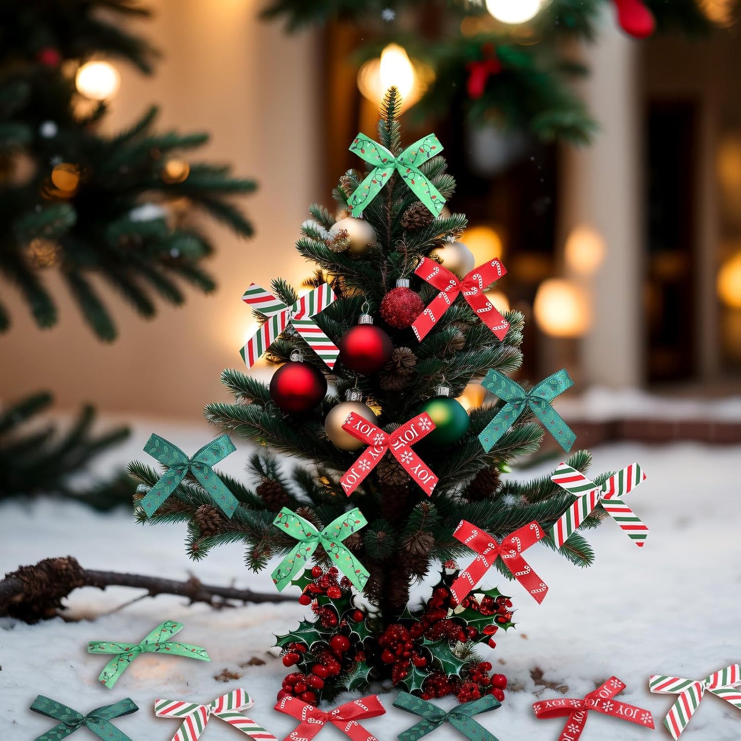 Syhood 150 Pcs Christmas Mini Bow Tiny Twist Tie Bow Handmade Craft Ribbon for DIY Sewing Party Decor (2 Inch,Classic)