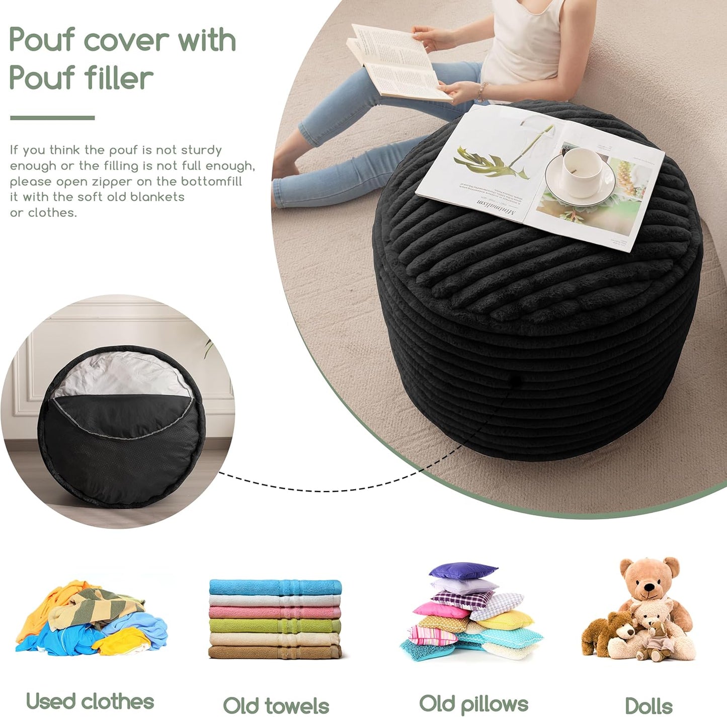 HIGOGOGO Round Stuffed Pouf Ottoman, Stripe Faux Fur Poufs with Foam Chunk Filling, Furry and Fluffy Pouf Foot Stool Storage Ottoman, 26 X 18 Floor Poufs Foot Rest for Living Room, Black