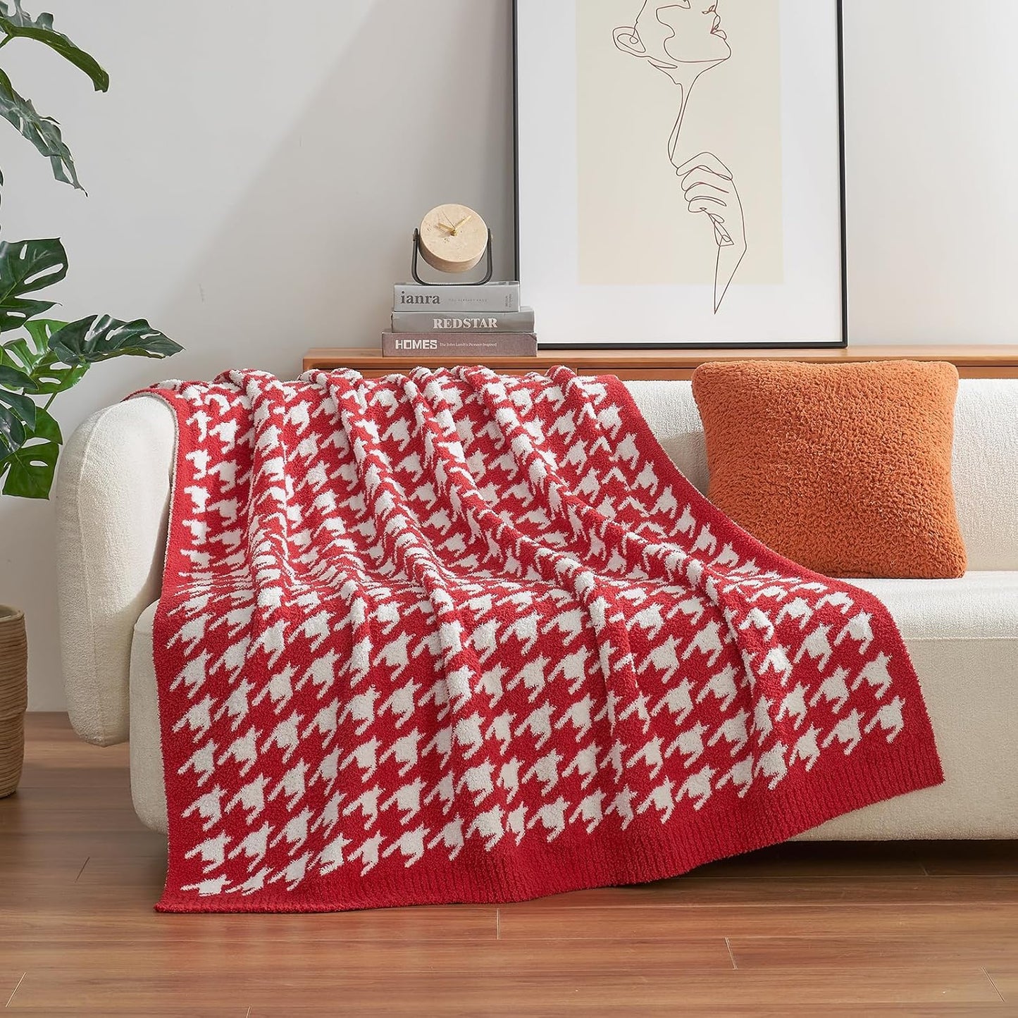 Snuggle Sac Christmas Red Houndstooth Throw Blanket for Couch, Reversible Super Soft Warm Blankets Cozy Knit Fuzzy Plush Lightweight Throws for Sofa Bed Houndstooth Red, 50x60 inches