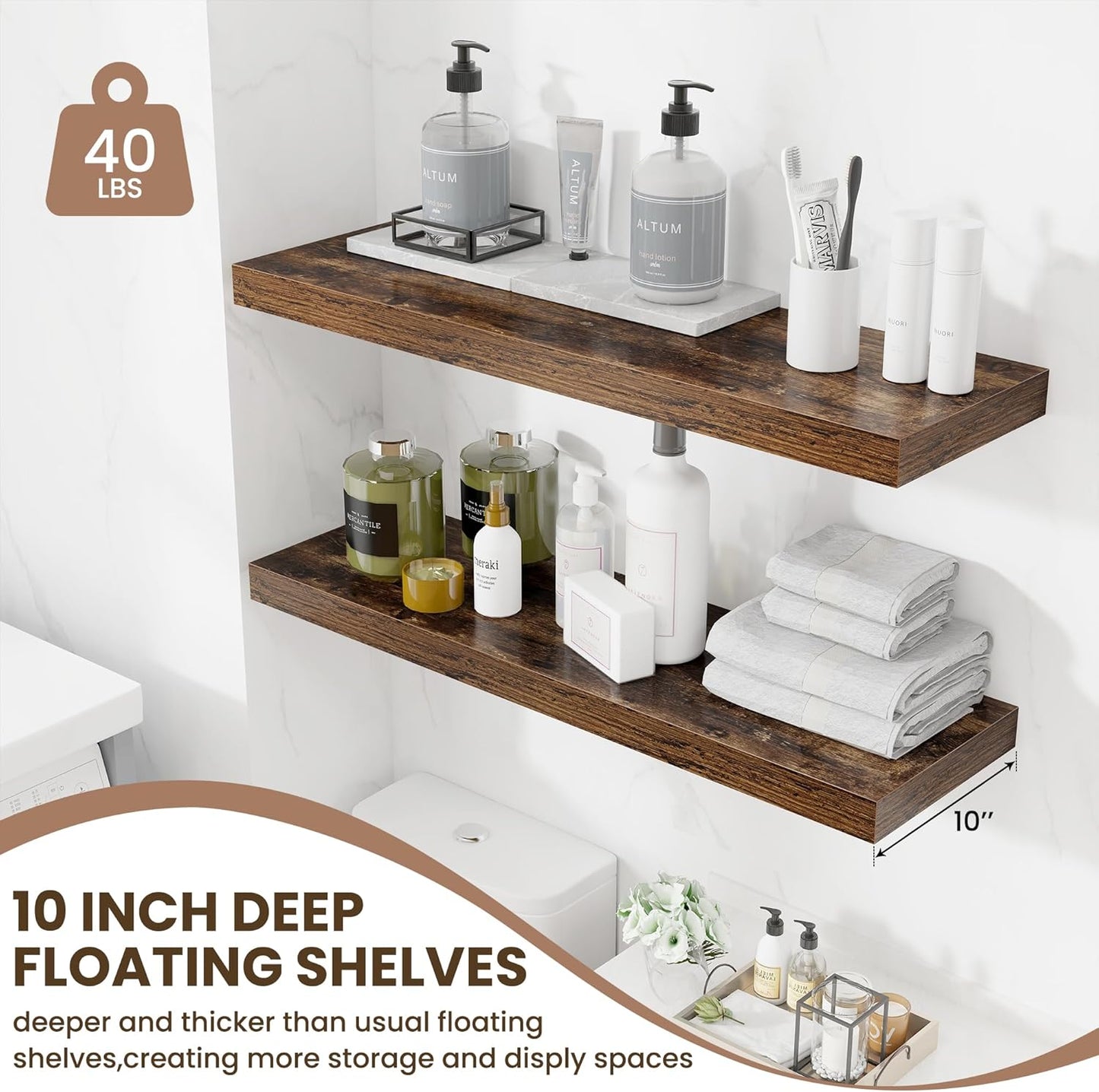Fun Memories Floating Shelves for Wall 36 Inches, Wood Shelves with Invisible Bracket, 10" Deep Shelves Wall Mounted, Large Floating Shelves for Living Room Bathroom, Rustic Brown, Set of 2