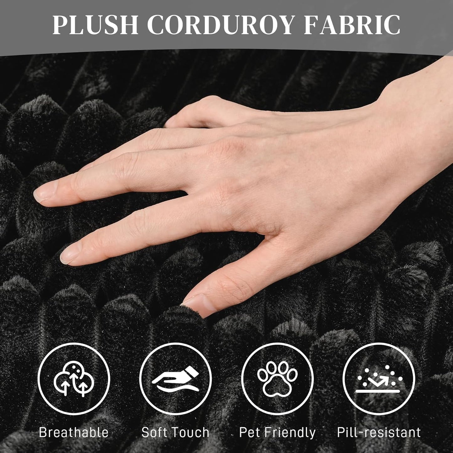 Modular Sectional Sofa Cloud Sectional Couch, 107" Comfy Fluffy U Shaped Black Couches for Living Room, Deep Seat Memory Foam Plush Corduroy Boneless Couch Sectionals with Right Facing Chaise Sofa