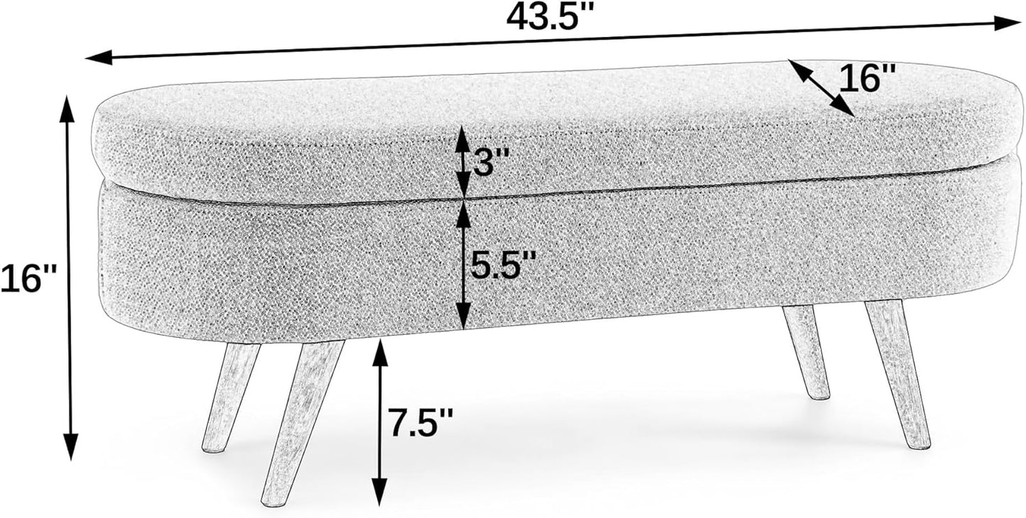 Oval Storage Bench 43.5" Linen Fabric Upholstered Entryway Bench with Solid Wood Legs Ottoman Bench Indoor Bench for Living Room/Bedroom/End of Bed/Entryway (Blue)