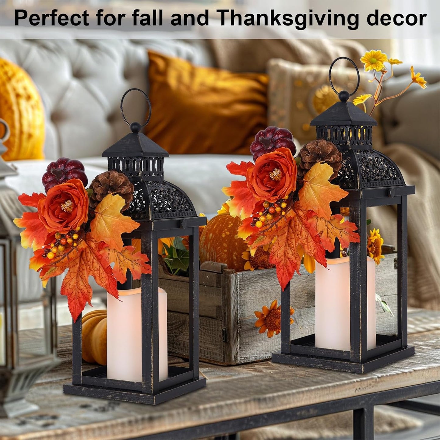 NEEDOMO Fall Decorations for Home, 2 Pcs 15'' Fall Lantern Indoor Outdoor Thanksgiving Decor, Vintage Metal Hanging Candle Holders with Fall Teardrop Wreath and LED Candle for Patio, Porch, Table