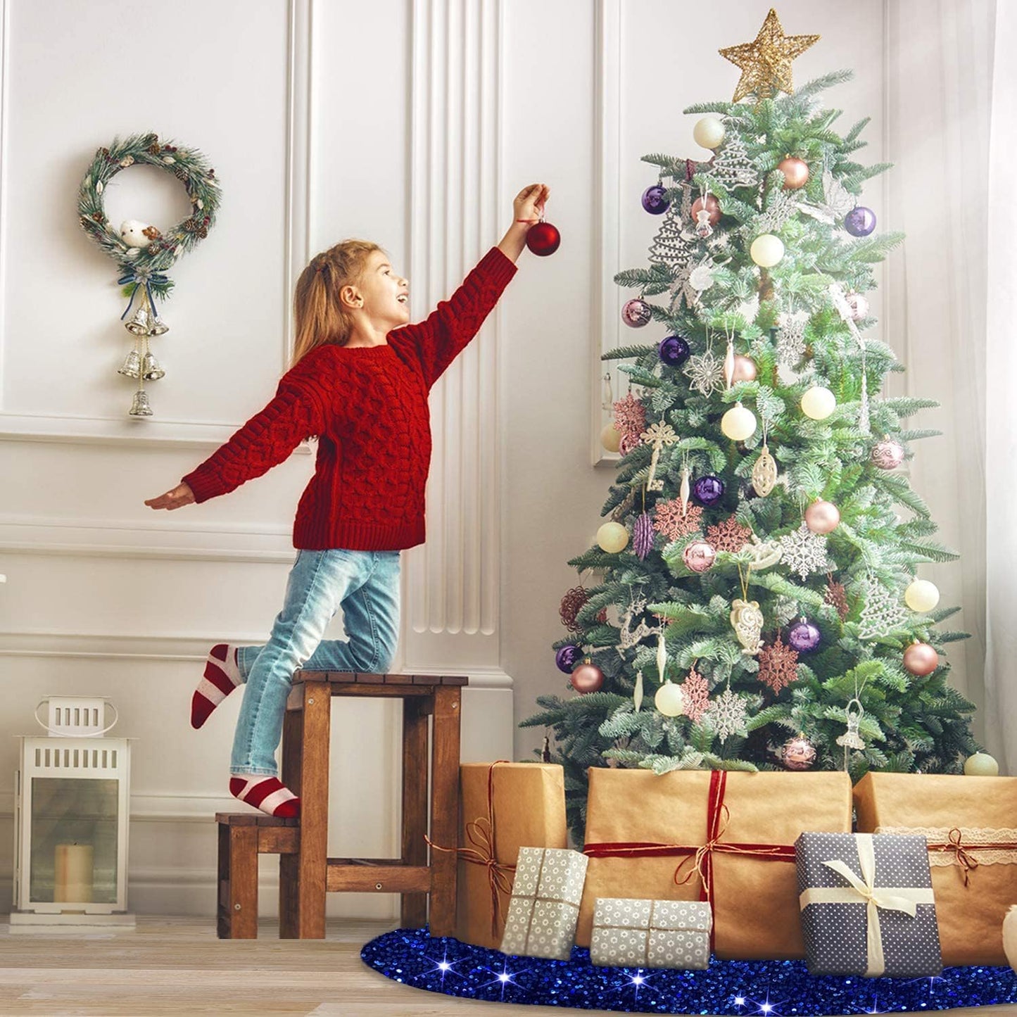 MODFUNS Blue Christmas Tree Skirt 46 Inches Sequin Xmas Tree Skirt Sparkly Tree Mat Round Velvet Tree Skirts Christmas Ornaments Halloween Tree Cover Skirt for Family Embroidery Metallic Tree Base Mat