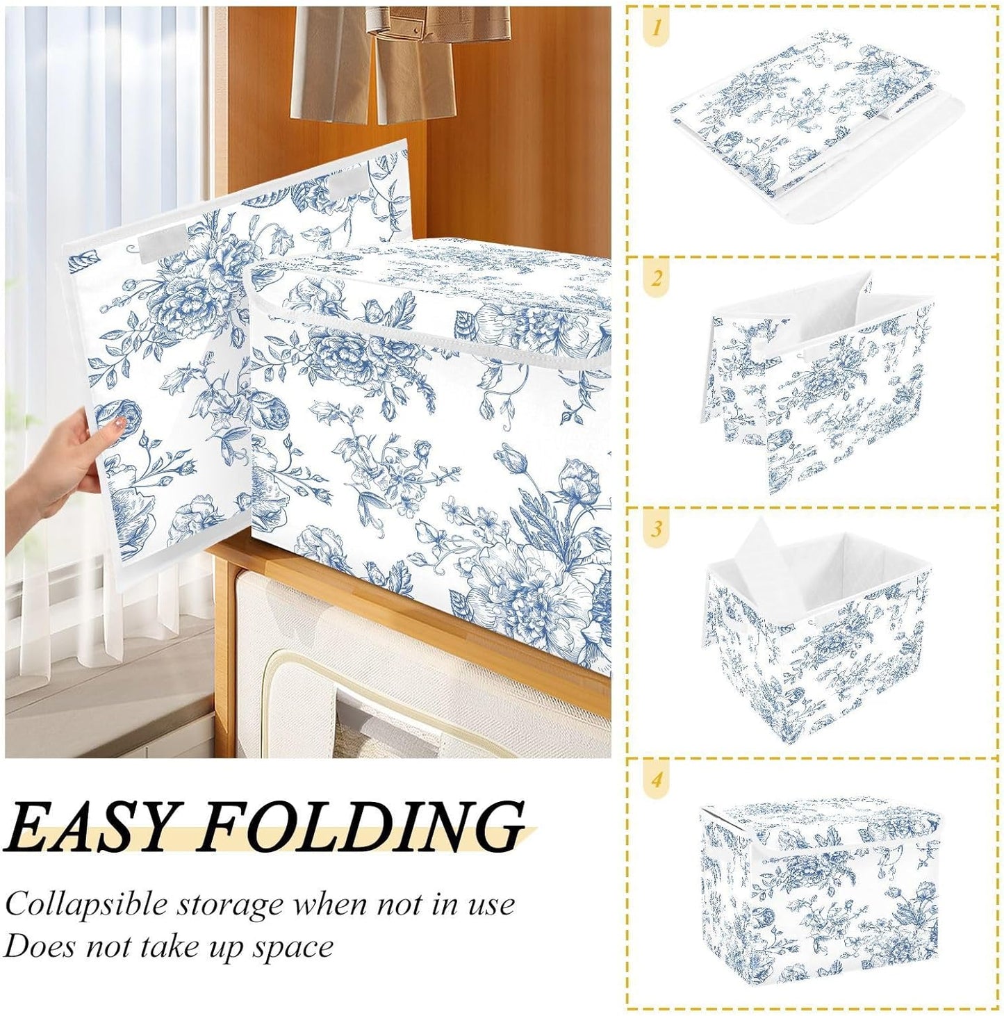 susiyo Blue Flowers Floral Storage Bin Large Collapsible Storage Box Stackable design Fabric Storage Bins with Lids Decorative Multi-Color Foldable Organizing Baskets For Closet