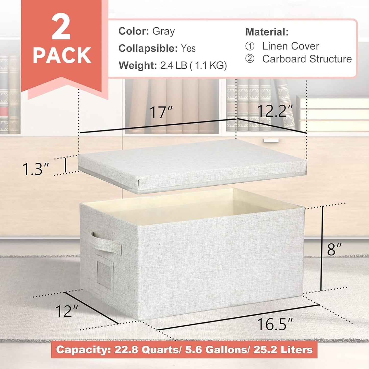 Large 17''x12'' Quart Collapsible Stackable Storage Bins with Lids, 2 Packs Off White Fabric Closet Boxes with Lids, Storage Cube Baskets Container Organizers for Bedroom Office(17''x12.2x''8'')
