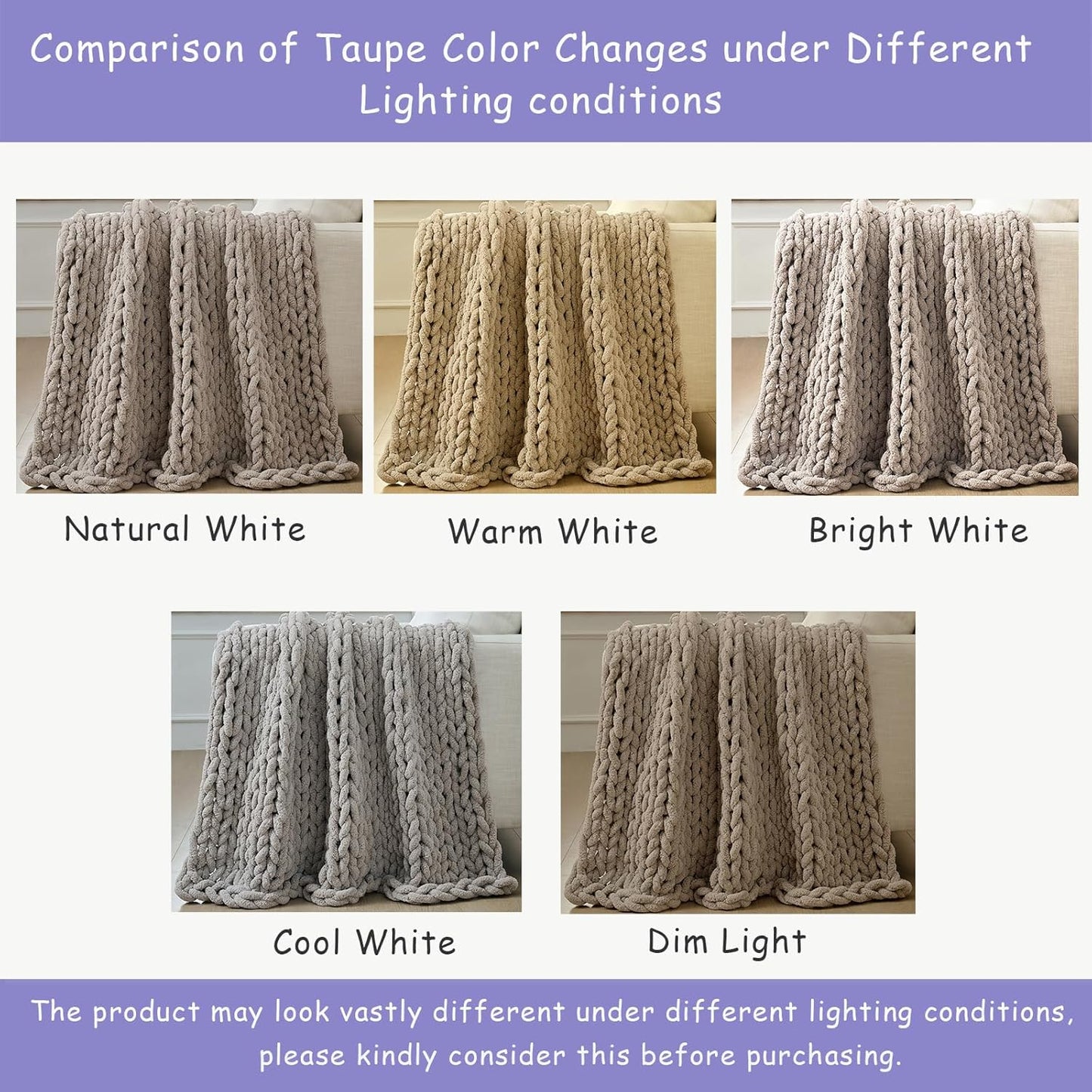 Bigacogo Chunky Knit Throw Blanket for Couch, 40x80 inches, 100% Hand Knitted with Thick Jumbo Chenille Yarn, Cozy Soft Large Rope Knot Cable Crochet Blankets for Sofa Bed Living Room, Taupe