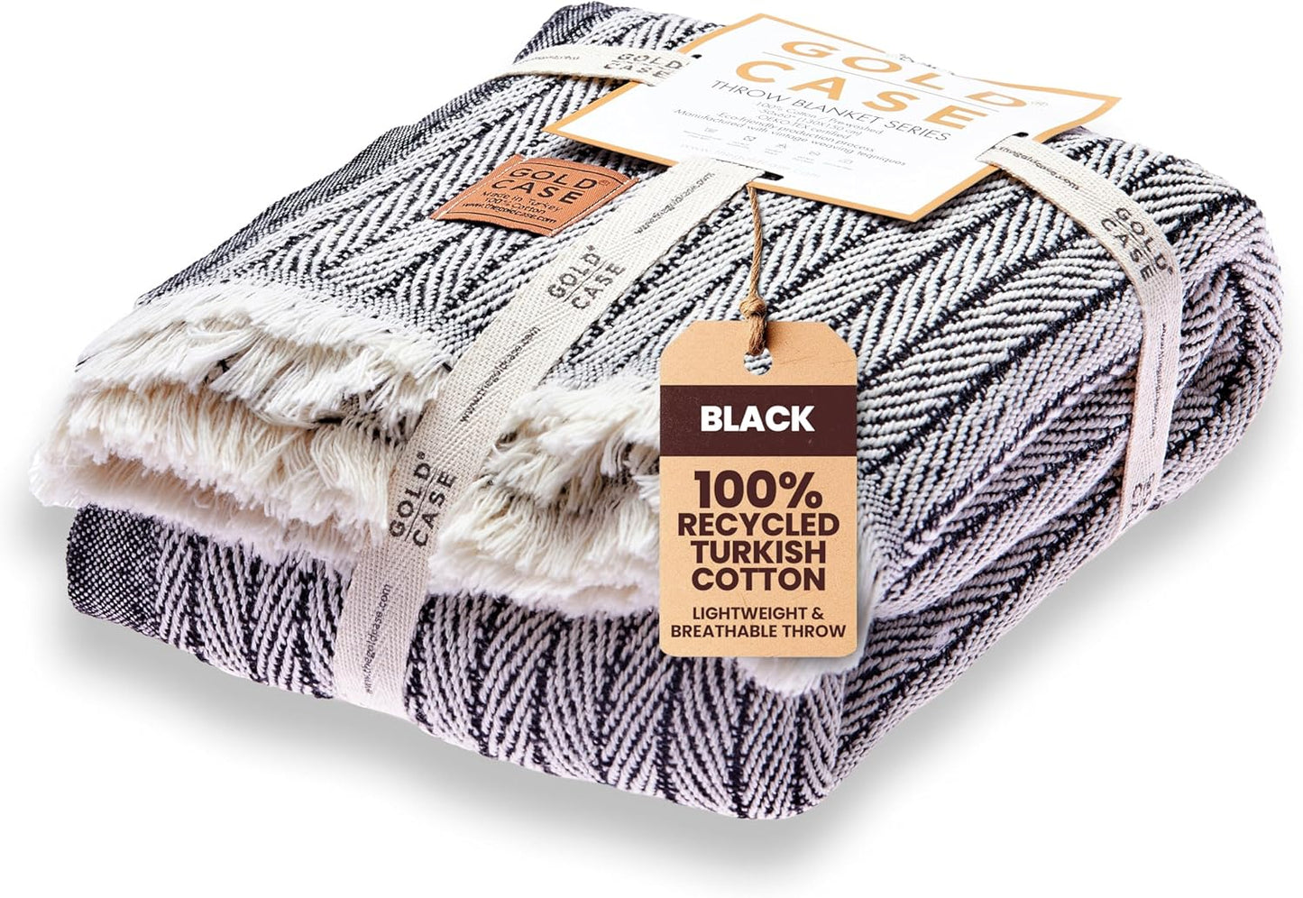 Gold Case Throw Blanket for Couch – 100% Recycled Turkish Cotton Blankets & Throws – Elegant Decorative Throw Blankets for Living Room Sofa – Woven Throws for Couch – Vintage Black – 60x80