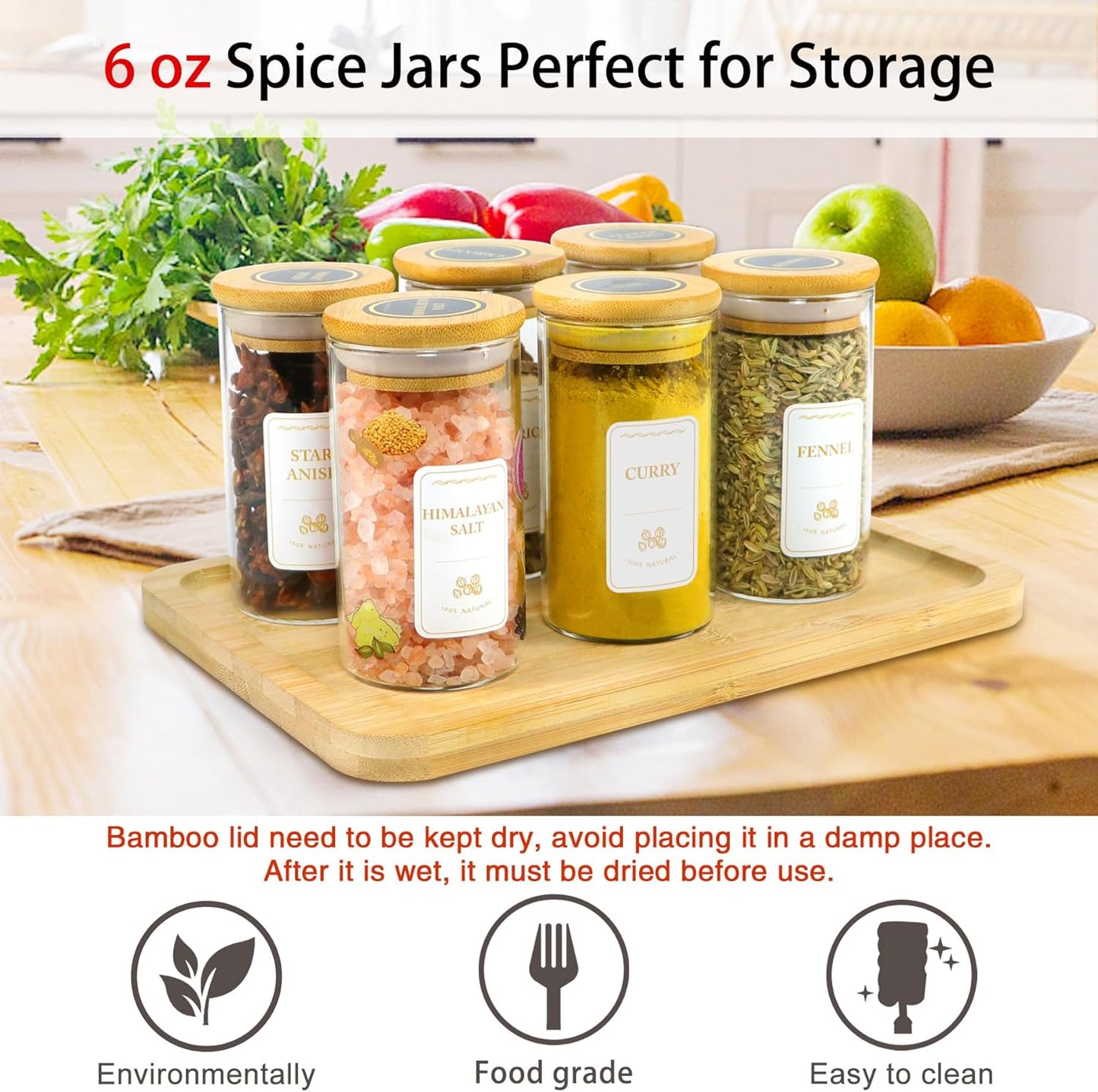 Spice Jars with Labels, 30Pcs 6oz Glass Spice Jars with Bamboo Lids, Minimalist Stackable Airtight Spice Containers with 426 labels for Kitchen Seasoning, Tea, Herbs, Coffee, Sugar,Shells