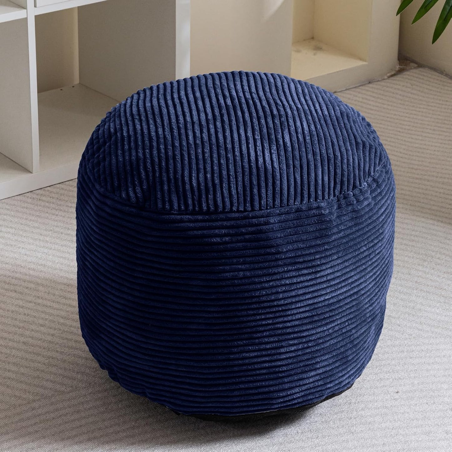 HIGOGOGO Round Stuffed Pouf Ottoman, Corduroy Poufs with Foam Chunk Filling, Furry and Fluffy Pouf Foot Stool Storage Ottoman, 20 X 15 Floor Poufs Foot Rest for Living Room, Navy
