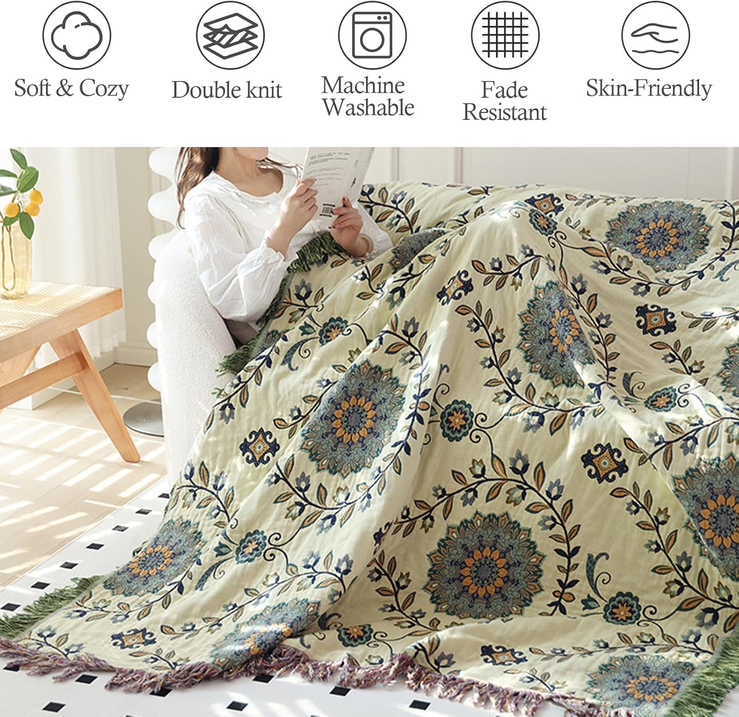 Snycler Boho Throw Blanket for Bed - 100% Cotton Ultra Soft Rustic Quilt - Blue Green Floral Printed Farmhouse Decor Bed Blankets, 60"×80" All Season Rustic Throw for Sofa Couch Chair