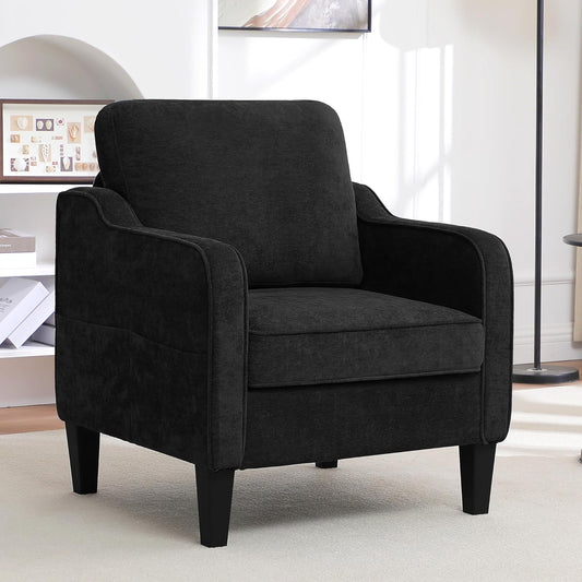 Accent Chair for Living Room, Mid Century Modern Reading Chair for Bedroom, Upholstered Armchair with Side Pockets, Comfy Single Sofa Side Chair for Office, Apartment, Small Room, Black