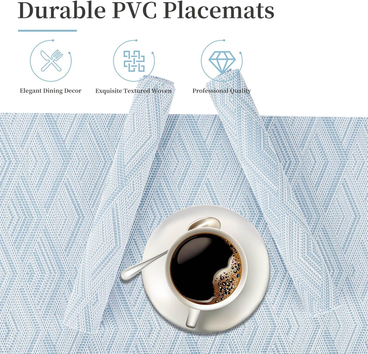 Vinyl Plastic Placemats Set of 6 Washable Heat Resistant Non-Slip Elegant Indoor Outdoor Kitchen Dining PVC Woven Table Place Mats (Sky Blue Rhombus)
