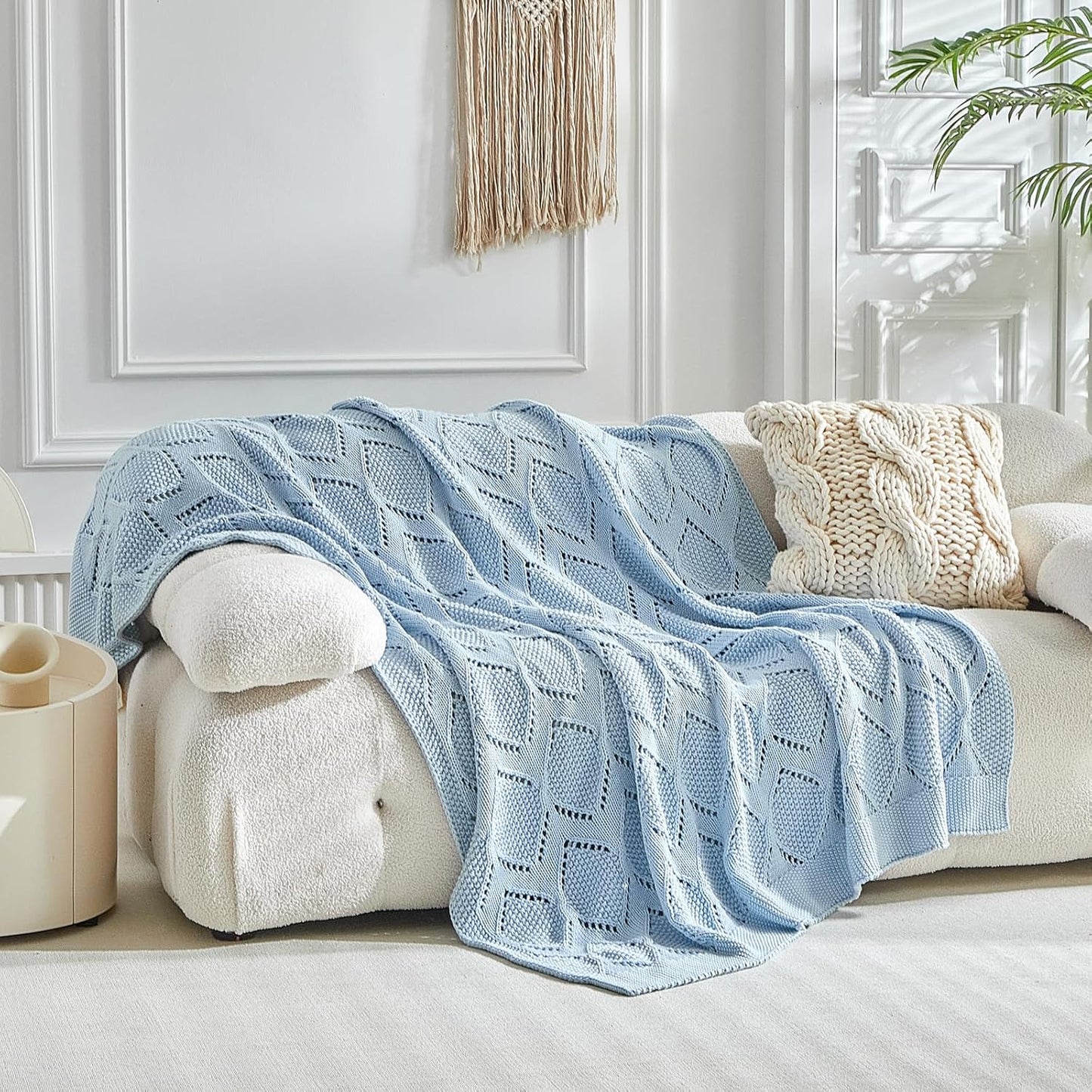Longhui bedding Chunky Cotton Knit Throw Blanket for Couch, Sofa, Bed, or Chair, Decorative Breathable Fall Cable Knit Blanket 51 x 63 Inches, Light Blue