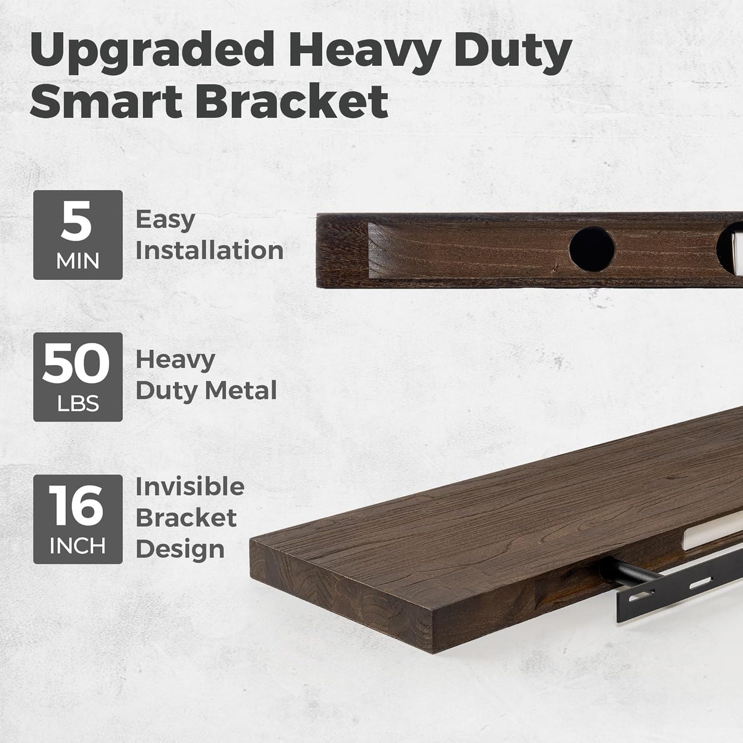 RICHFOCUS Elm Floating Shelves for Wall - 36" W x 9.3" D Rustic Solid Wood Shelves with Invisible Bracket, Wall-Mounted for Living Room, Bedroom, Kitchen Storage & Display, Set of 2, Walnut