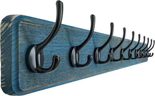 Dseap Coat Rack Wall: 38-1/4" Long, Patented, Heavy-Duty, 10-Double-Hooks Wooden Wall Mounted Coat Rack Coat Hanger Hook Rail for Winter Coats Hat Jacket Clothing, Weathered Blue