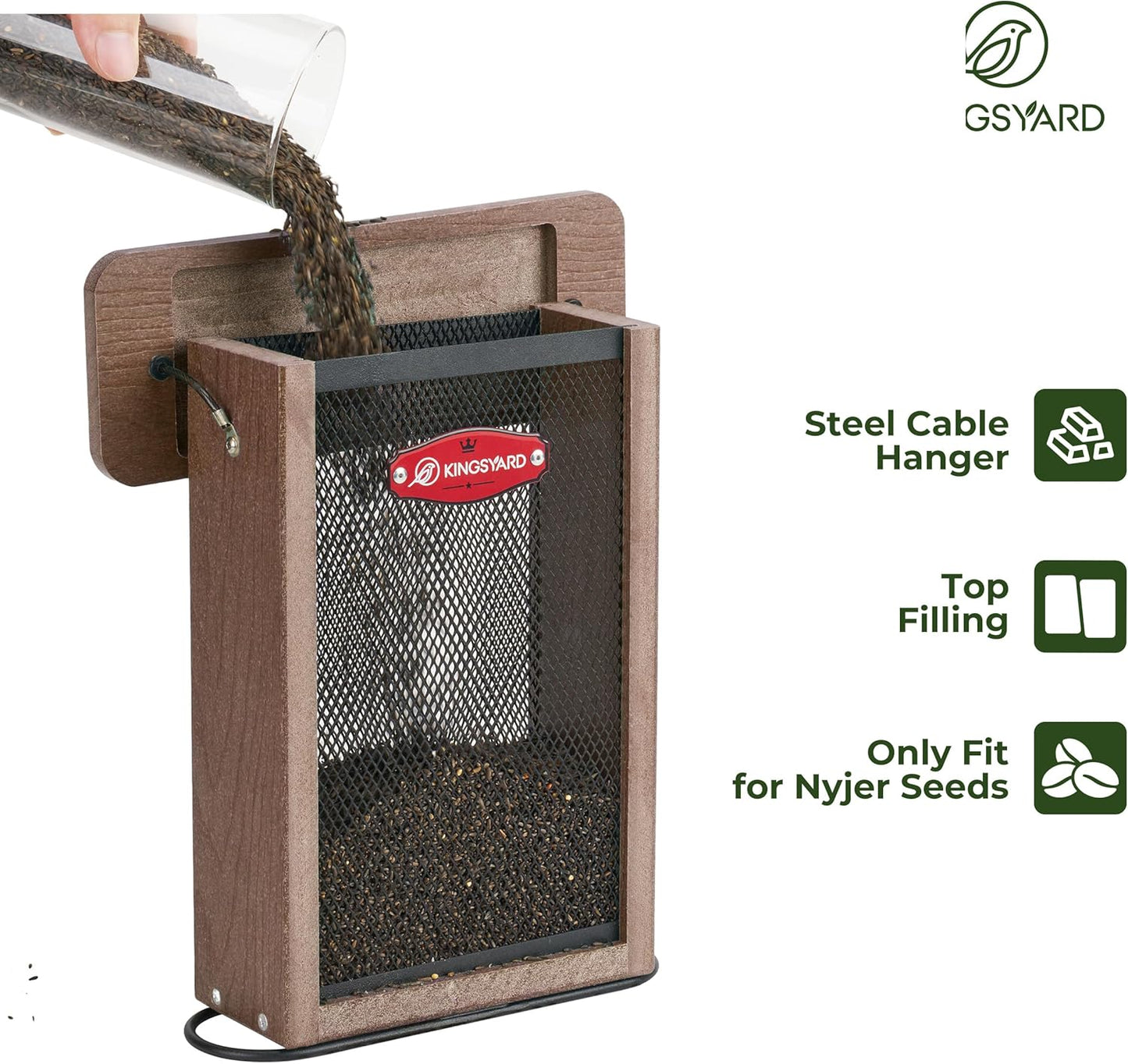 Kingsyard Metal Mesh Bird Feeder for Outdoors Hanging, Finch Feeder for Nyjer/Thistle, Sliding Mesh & Built-in Perch, Recycled Plastic, Brown