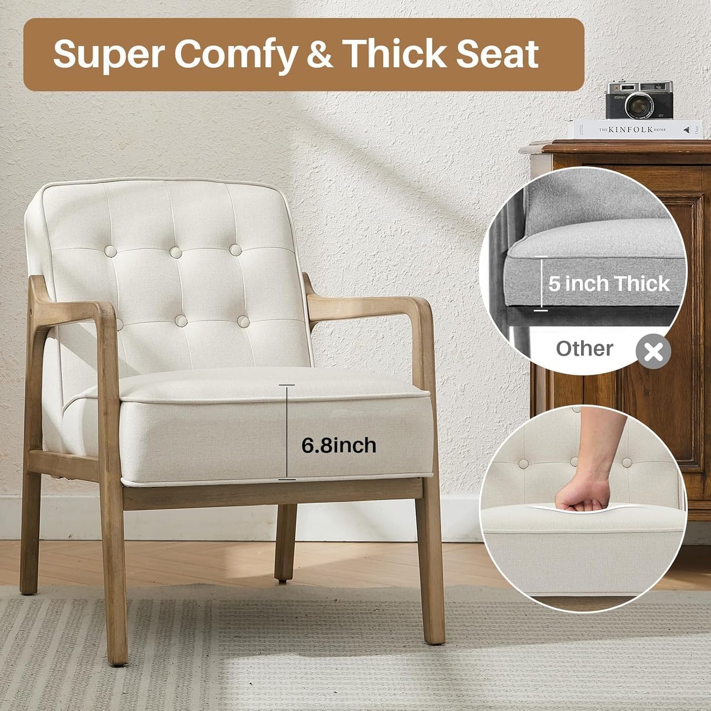 Linen Accent Chair Set of 2, Mid Century Modern Chair for Living Room, Upholstered Comfy Lounge Armchair with Solid Wood Frame, Reading Side Chair for Bedroom,105°Ergonomic Comfort, White