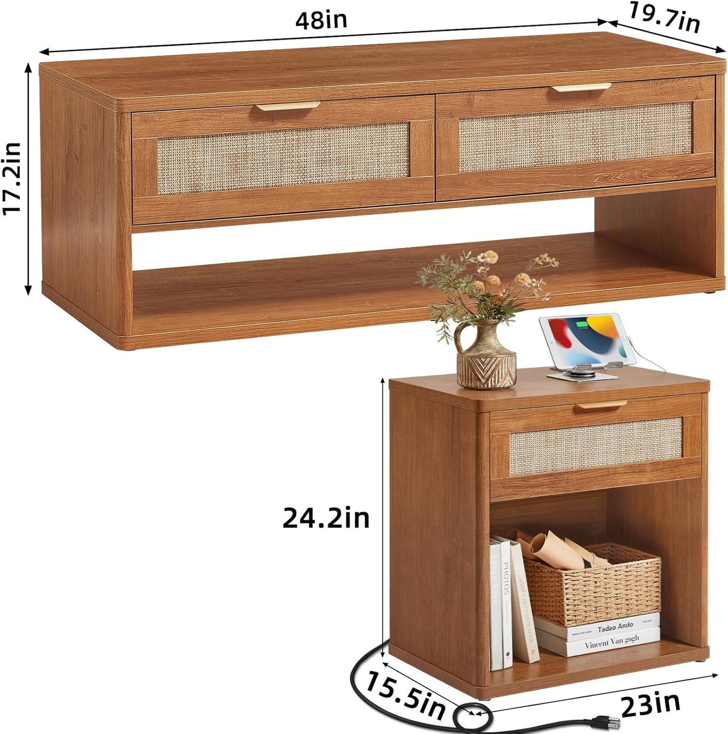 LEYAOYAO Boho Rattan Coffee Table Sets 2 Pieces, Nightstand with Charging Station and Coffee Table with Hidden Storage Compartment, Brown Living Room Table Set, Wood Furniture Sets for Home Office