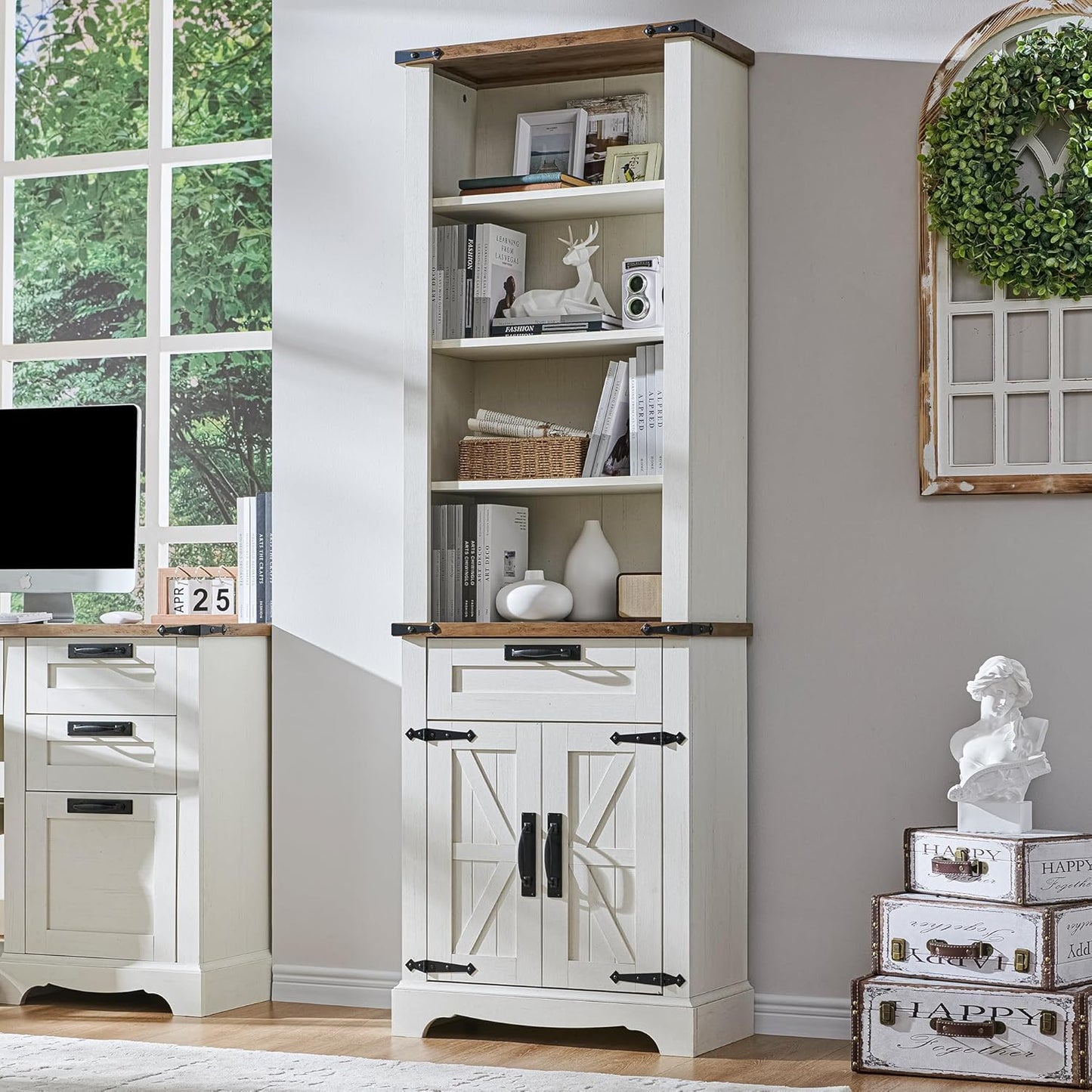 RedLemon Bookshelf with Storage Cabinet, 72" Tall Farmhouse Bookcase with Adjustable Shelves and Barn Door, 4 Tier Office Wood Bookshelf with Drawer for Office Library Living Room (Antuique White)